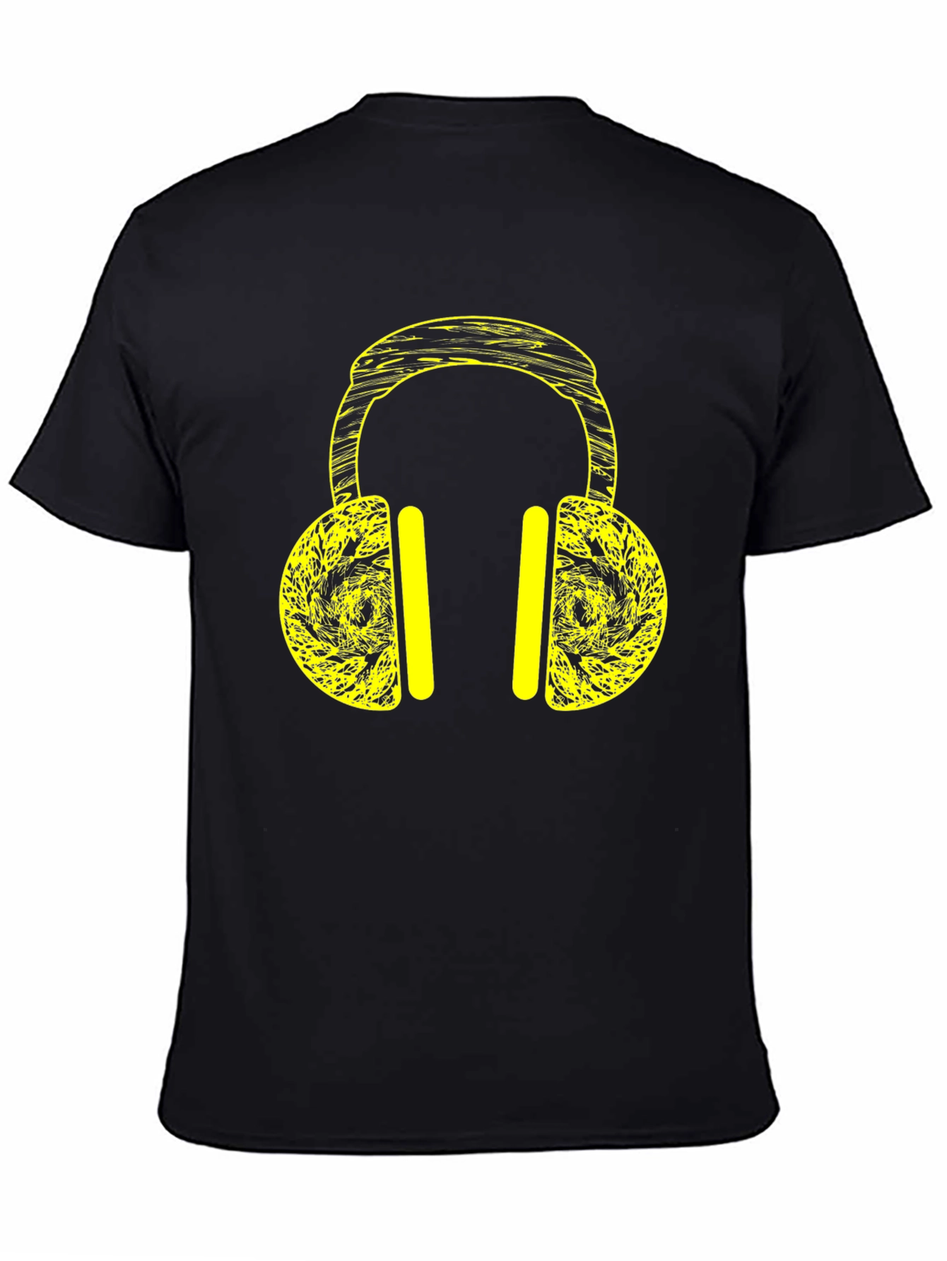 Black T-Shirt with Yellow Headphone Graphic Print