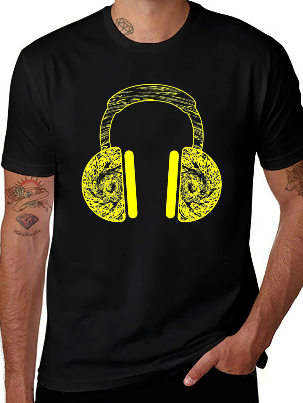 Black T-Shirt with Yellow Headphone Graphic Print