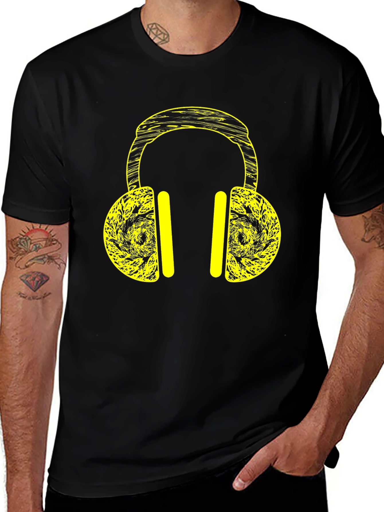 Black T-Shirt with Yellow Headphone Graphic Print