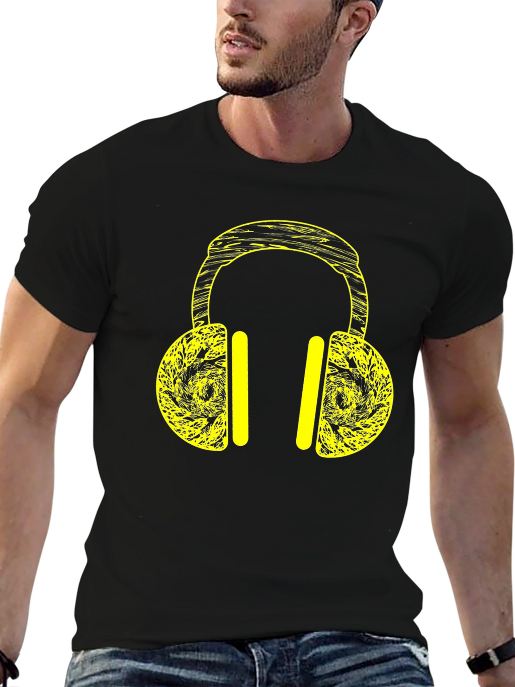 Black T-Shirt with Yellow Headphone Graphic Print