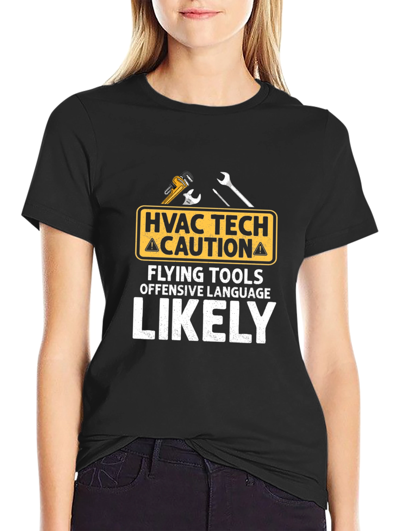 HVAC Tech Caution T-Shirt: Flying Tools & Offensive Language