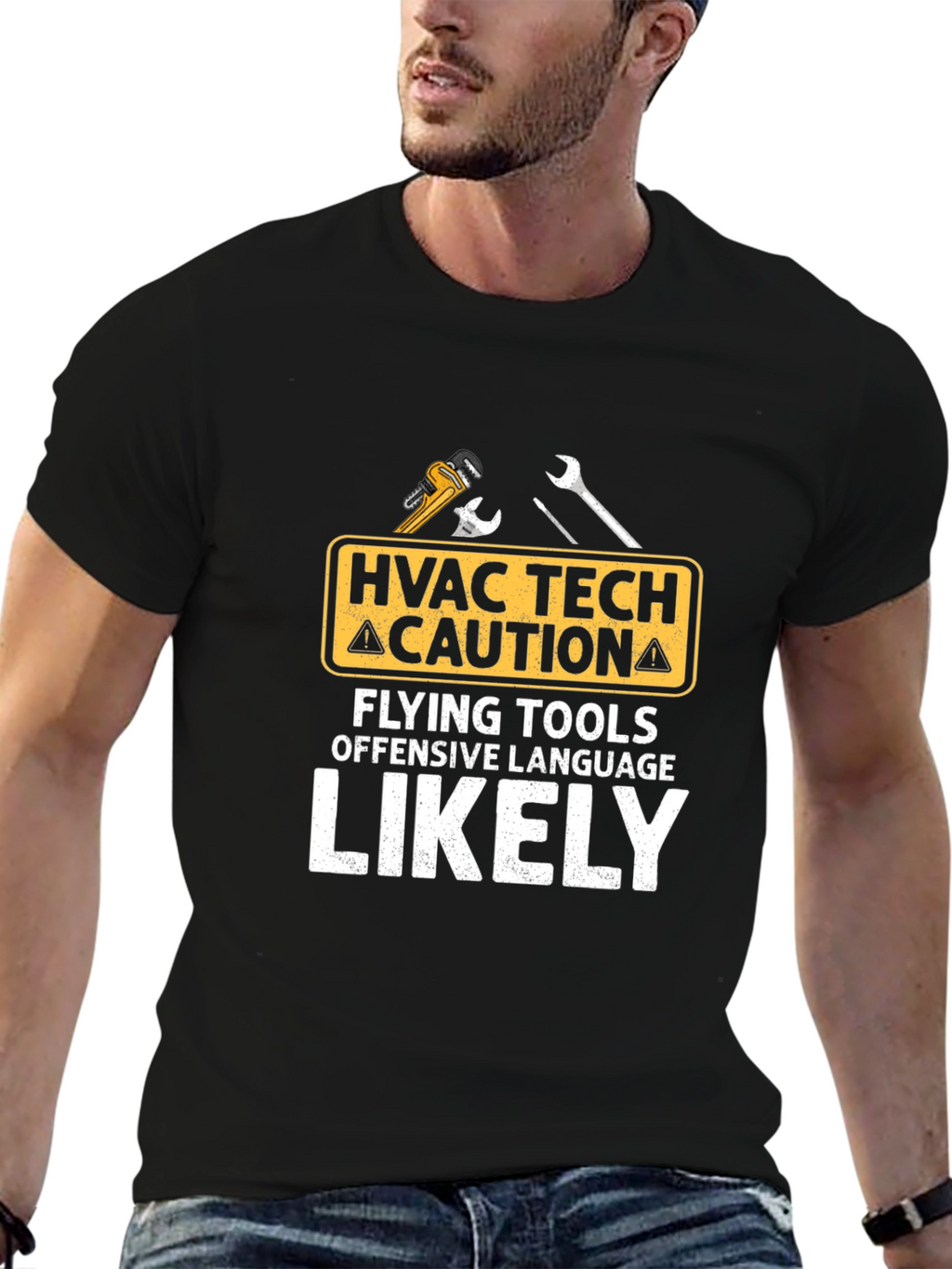 HVAC Tech Caution T-Shirt: Flying Tools & Offensive Language