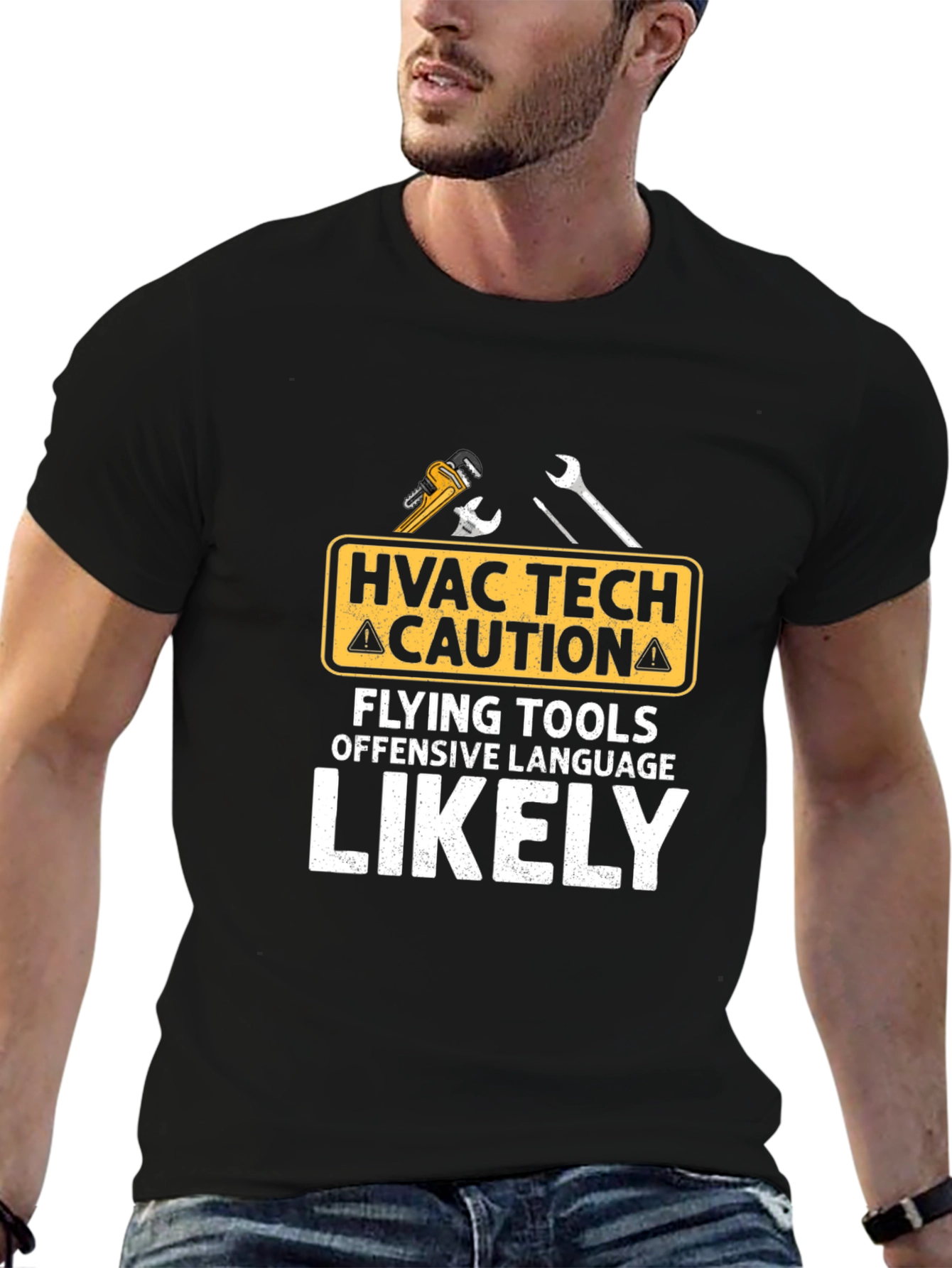 HVAC Tech Caution T-Shirt: Flying Tools & Offensive Language