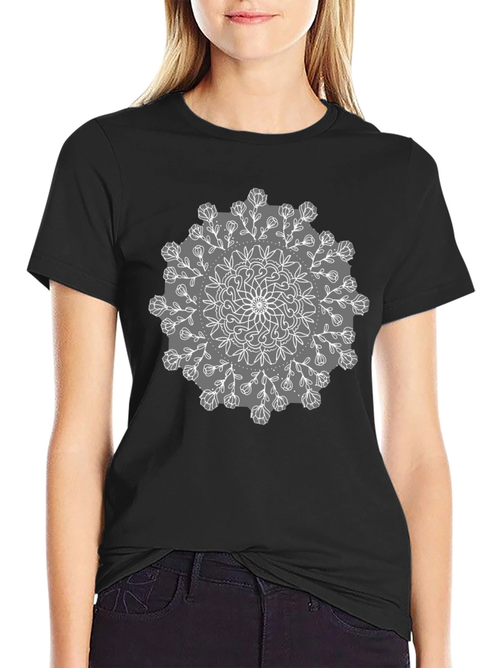 Black Tee with Mandala Flower Design