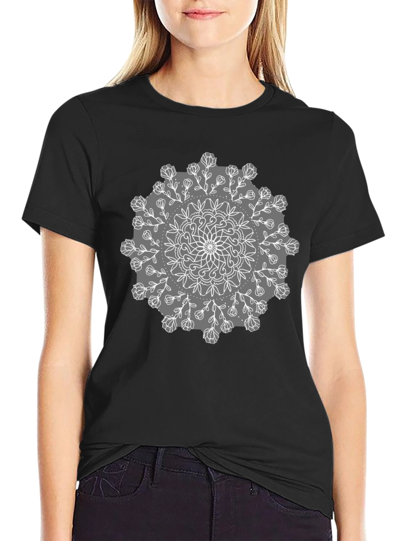 Black Tee with Mandala Flower Design
