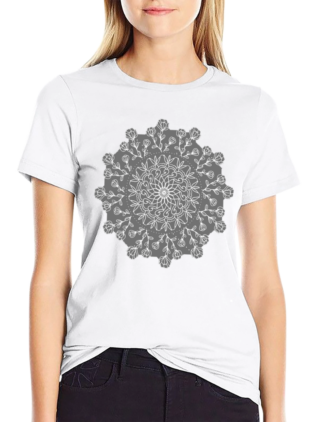 Black Tee with Mandala Flower Design