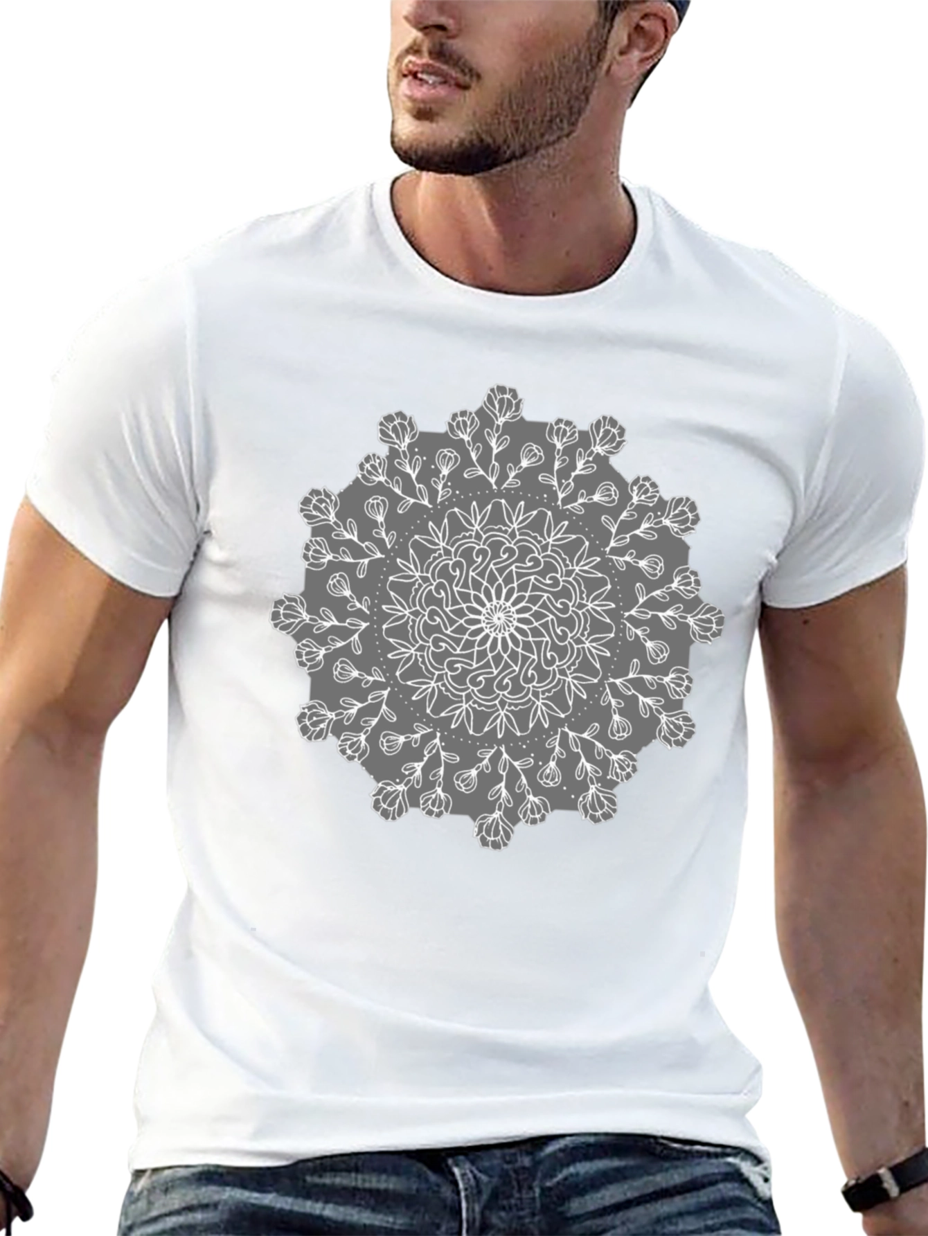Black Tee with Mandala Flower Design