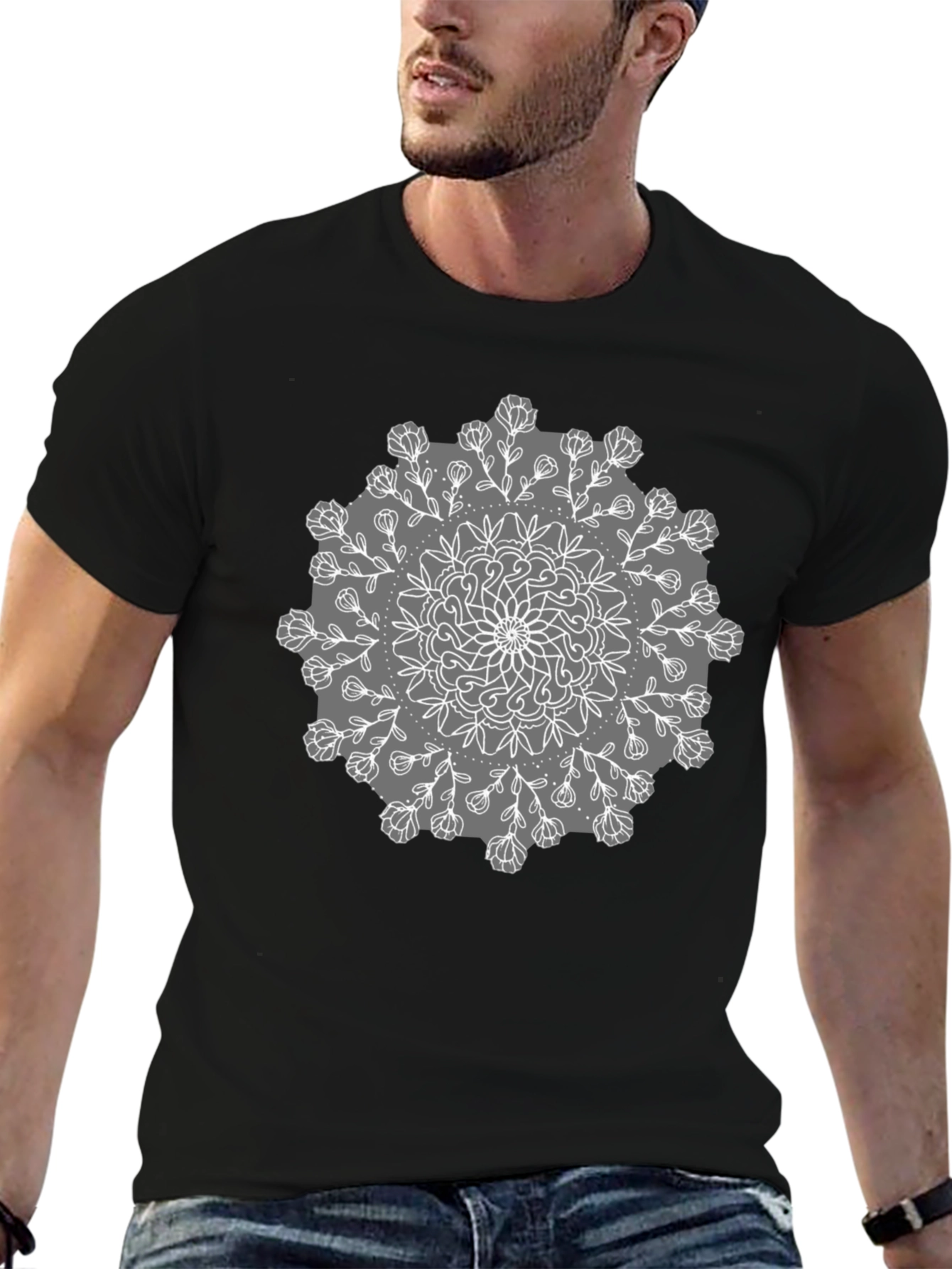 Black Tee with Mandala Flower Design