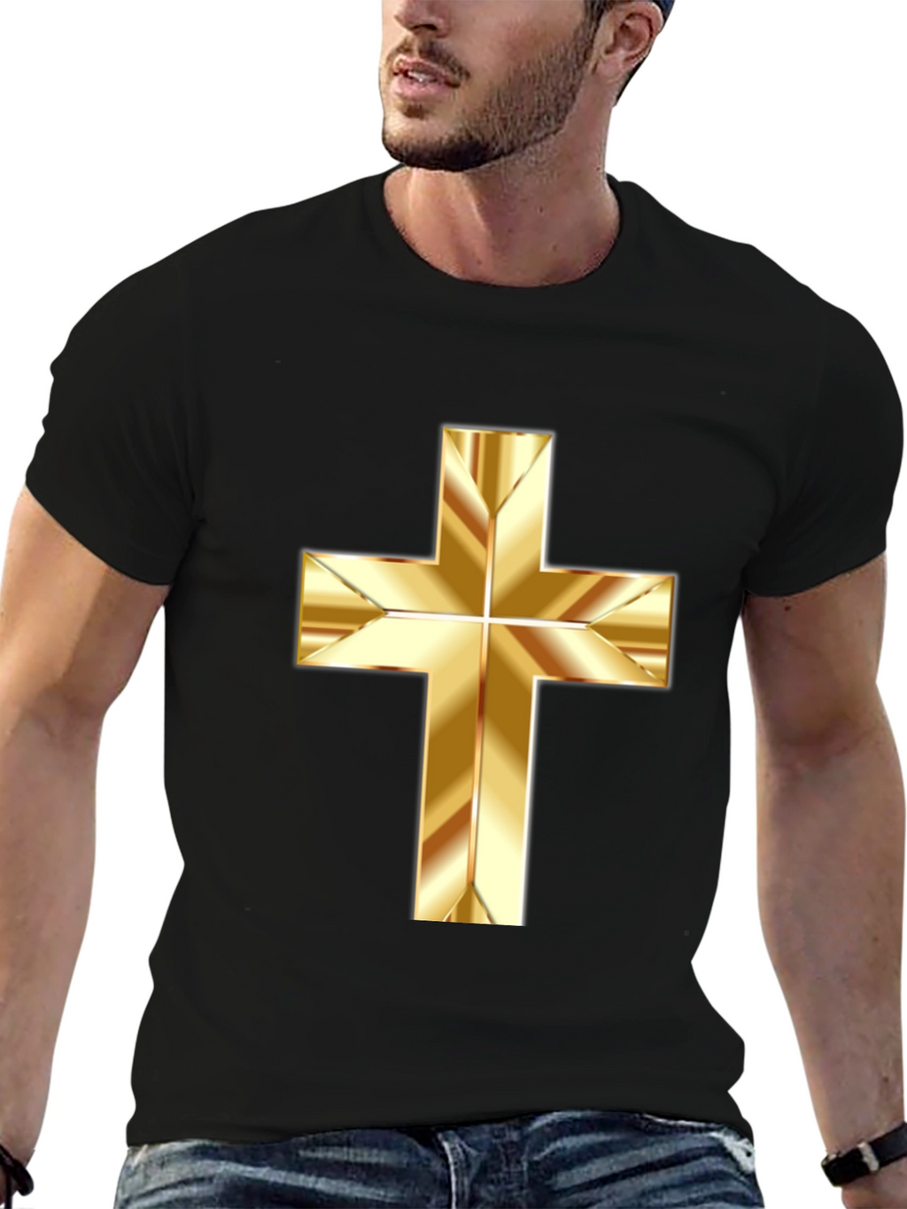 Gold Cross Graphic Print Black T-Shirt