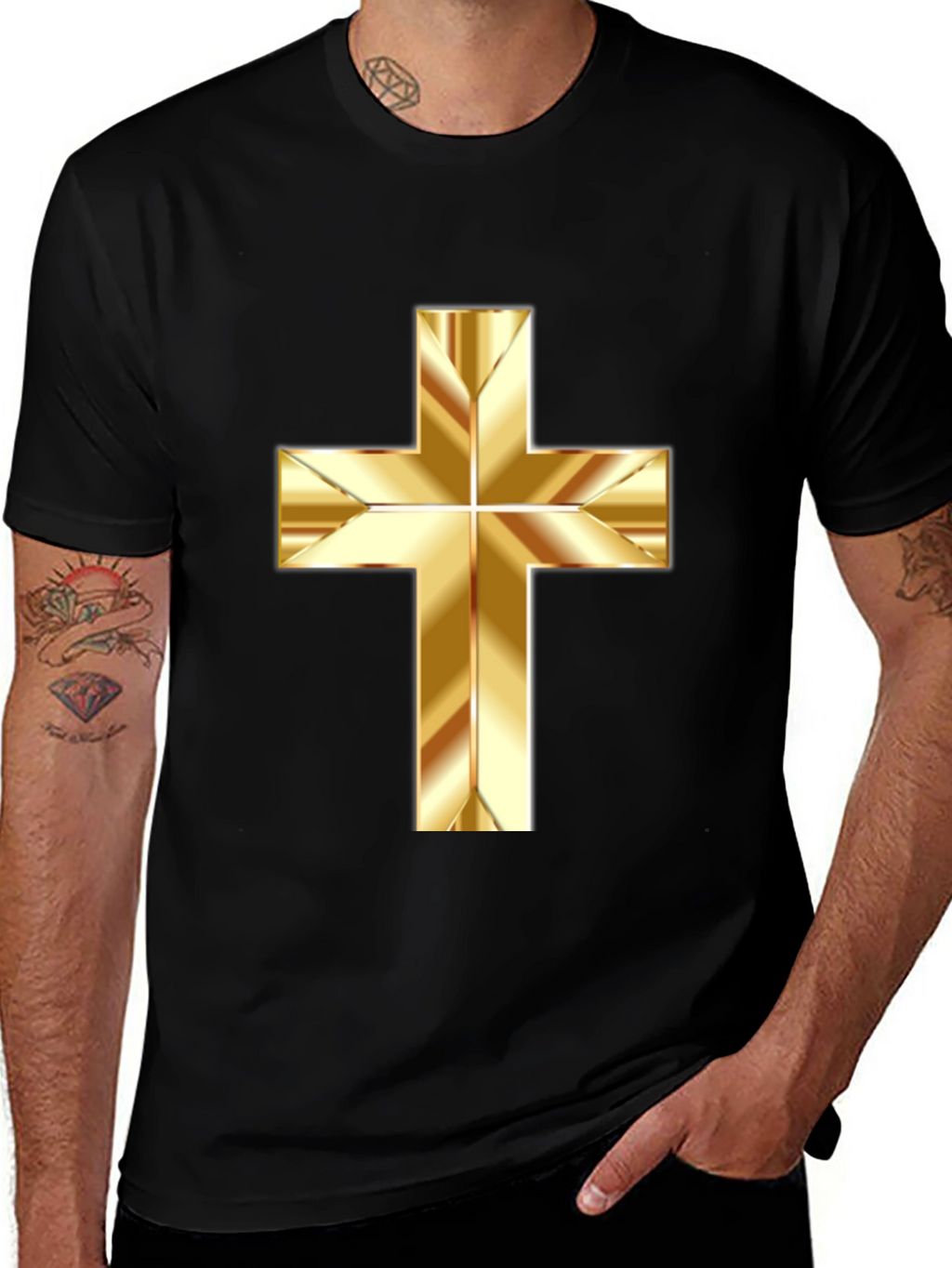 Gold Cross Graphic Print Black T-Shirt