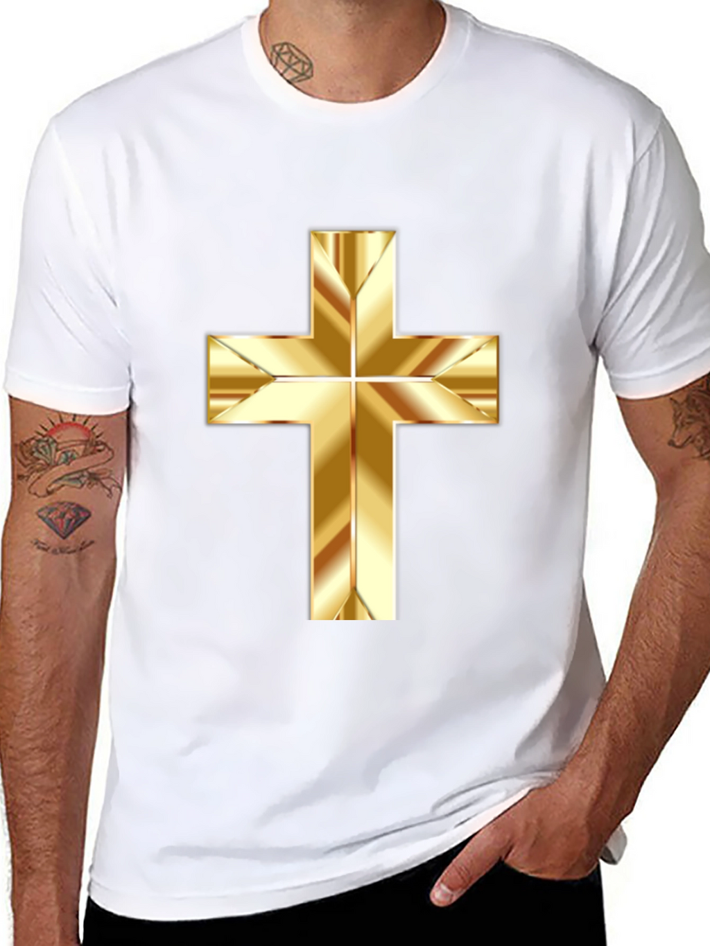 Gold Cross Graphic Print Black T-Shirt