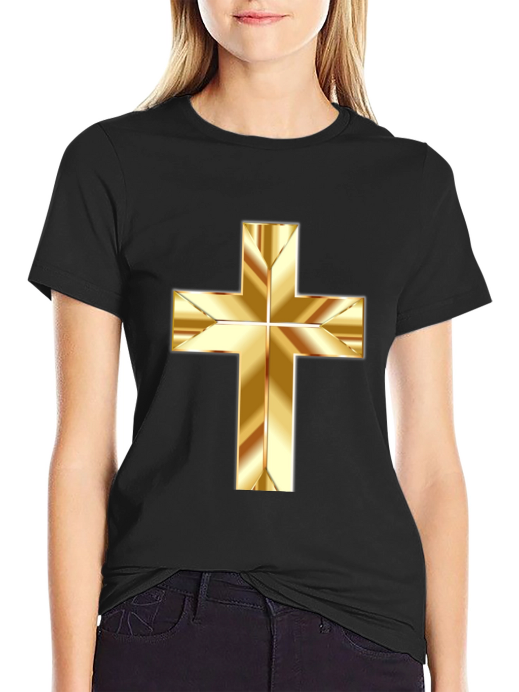 Gold Cross Graphic Print Black T-Shirt