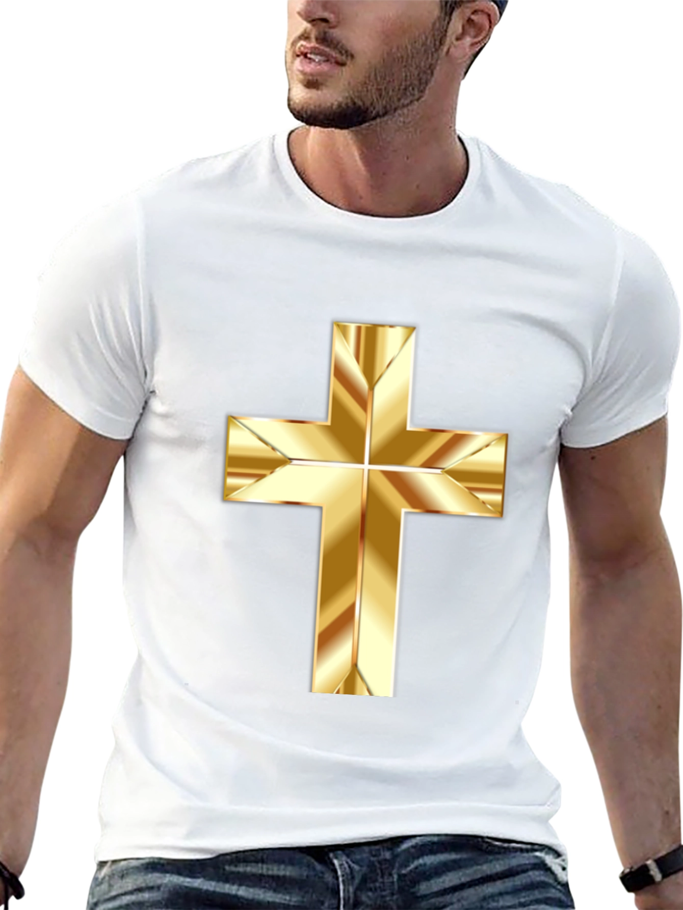 Gold Cross Graphic Print Black T-Shirt