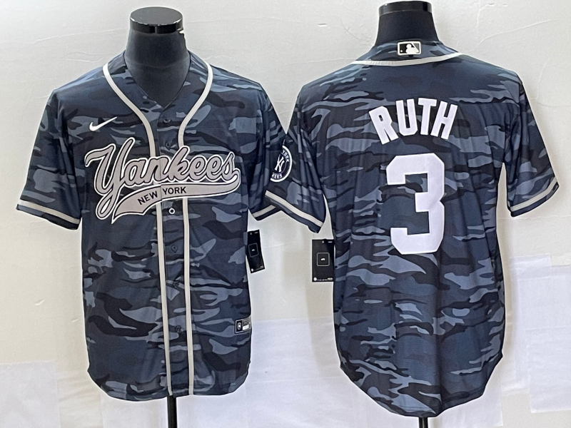 Men's New York Yankees Babe Ruth #3 Grey Camouflage Player Jerseys Joint Edition