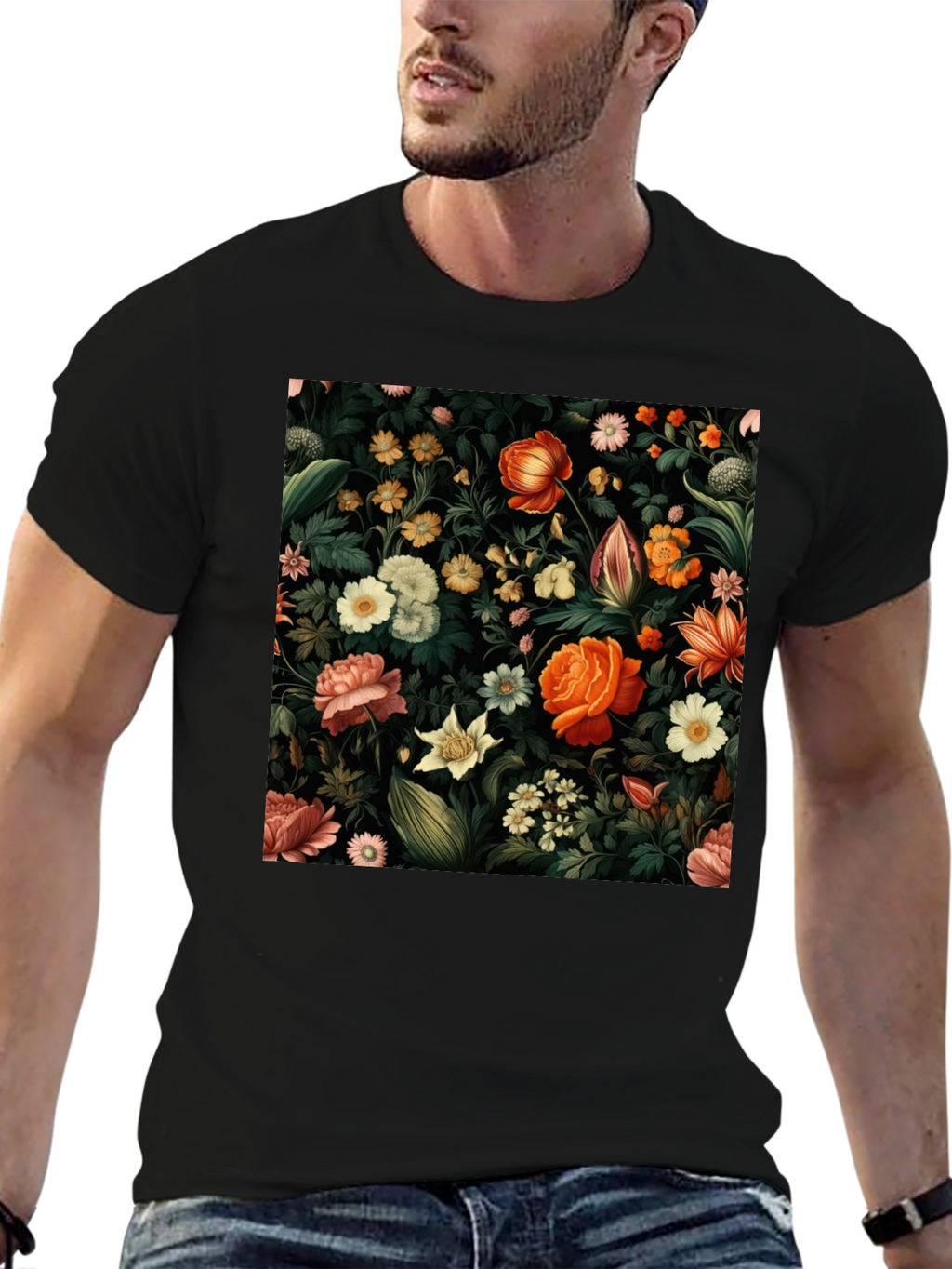 Floral Print Black T-Shirt - Nature Inspired Design
