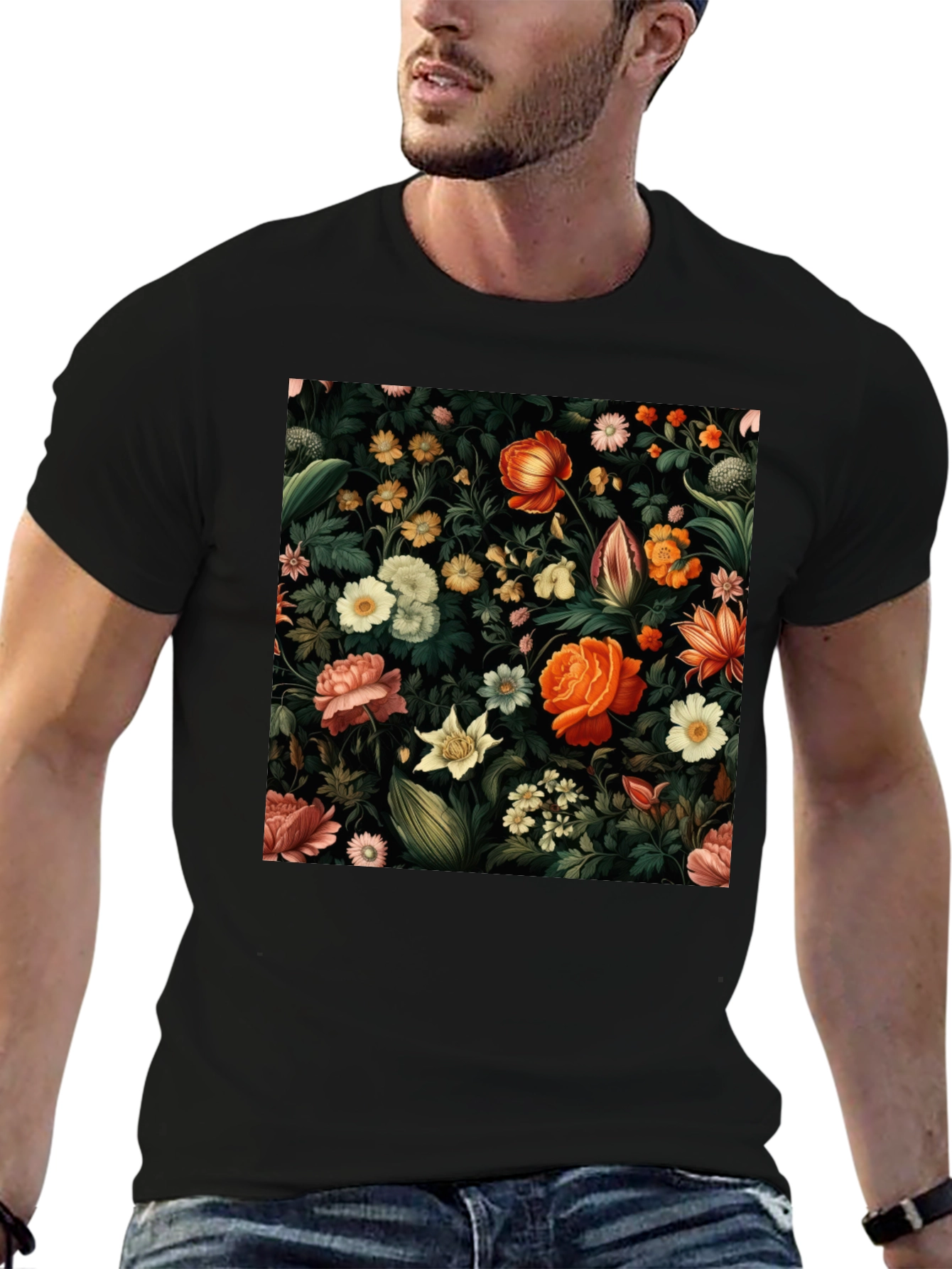 Floral Print Black T-Shirt - Nature Inspired Design
