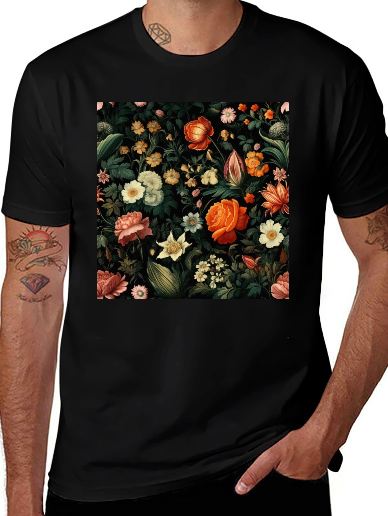 Floral Print Black T-Shirt - Nature Inspired Design