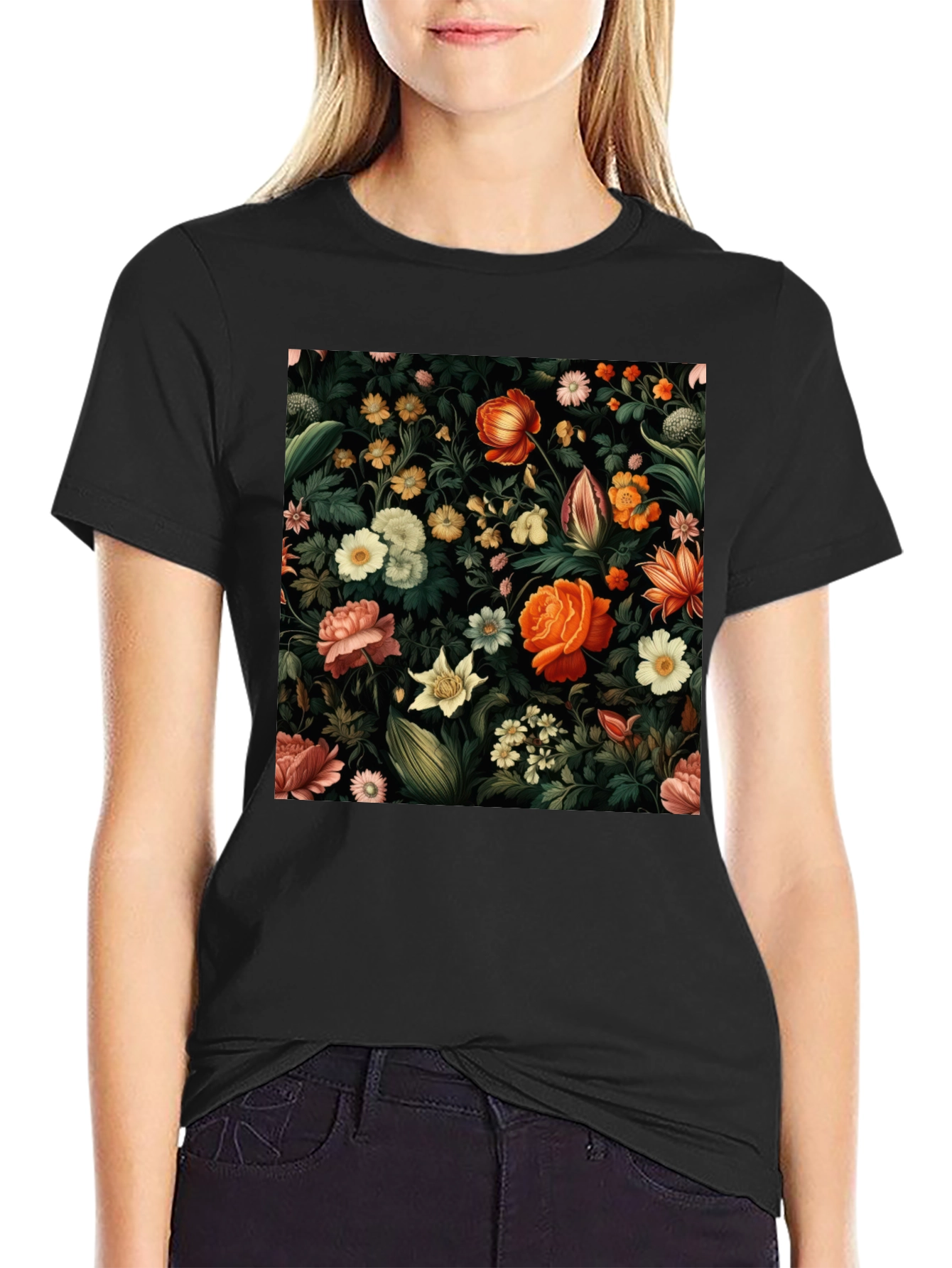 Floral Print Black T-Shirt - Nature Inspired Design