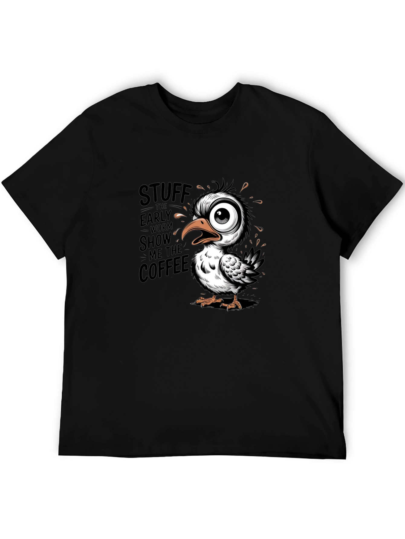 Funny Coffee Bird Graphic Black T-Shirt