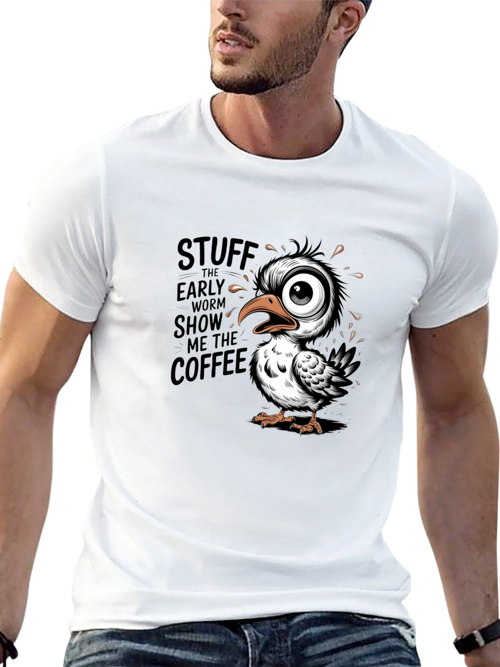 Funny Coffee Bird Graphic Black T-Shirt