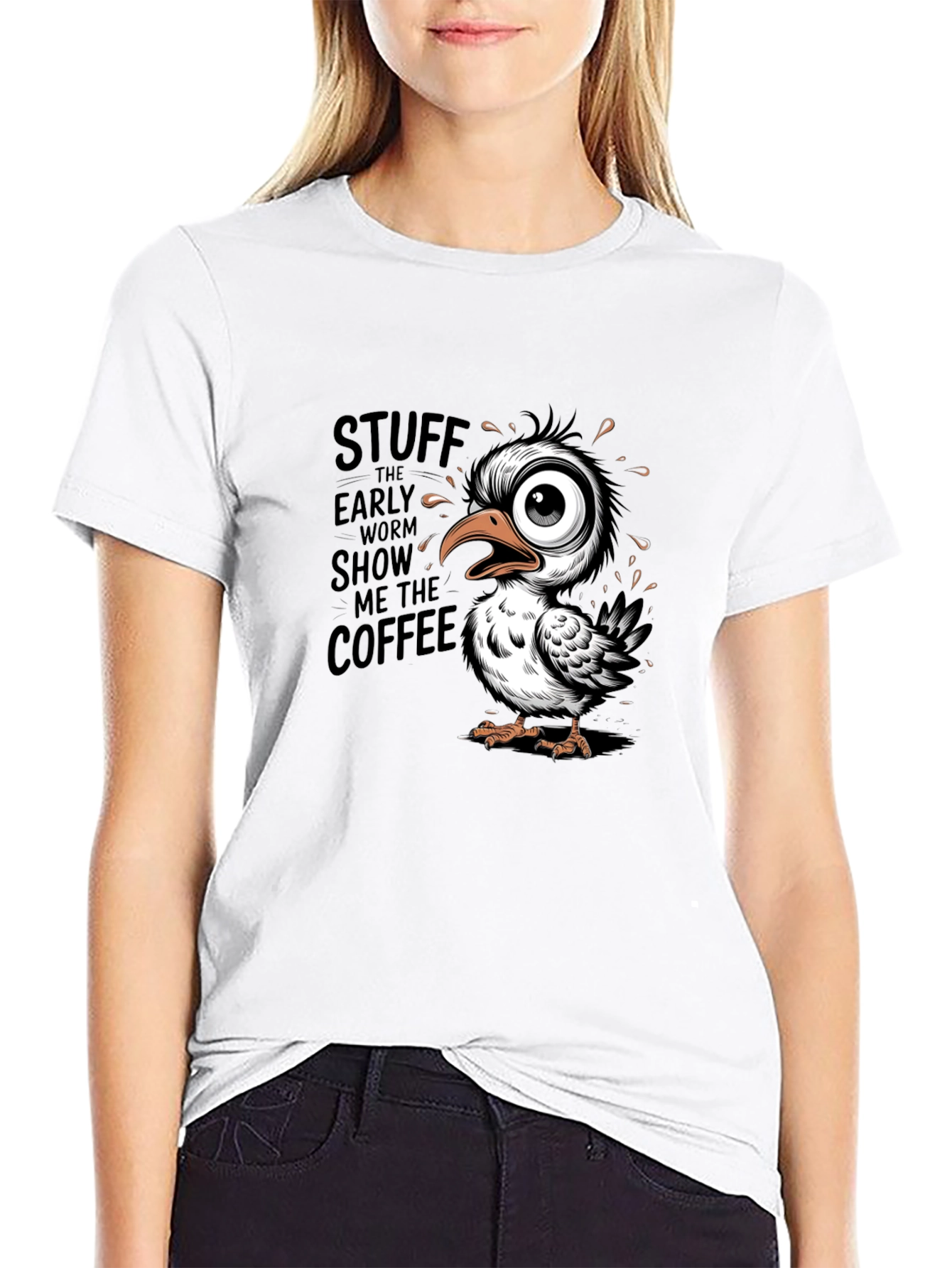 Funny Coffee Bird Graphic Black T-Shirt