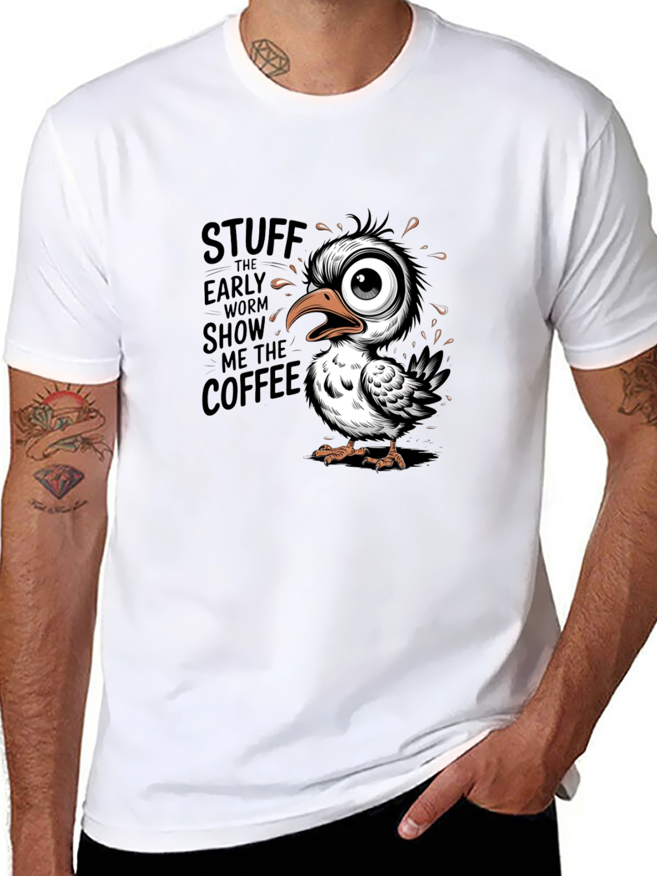 Funny Coffee Bird Graphic Black T-Shirt