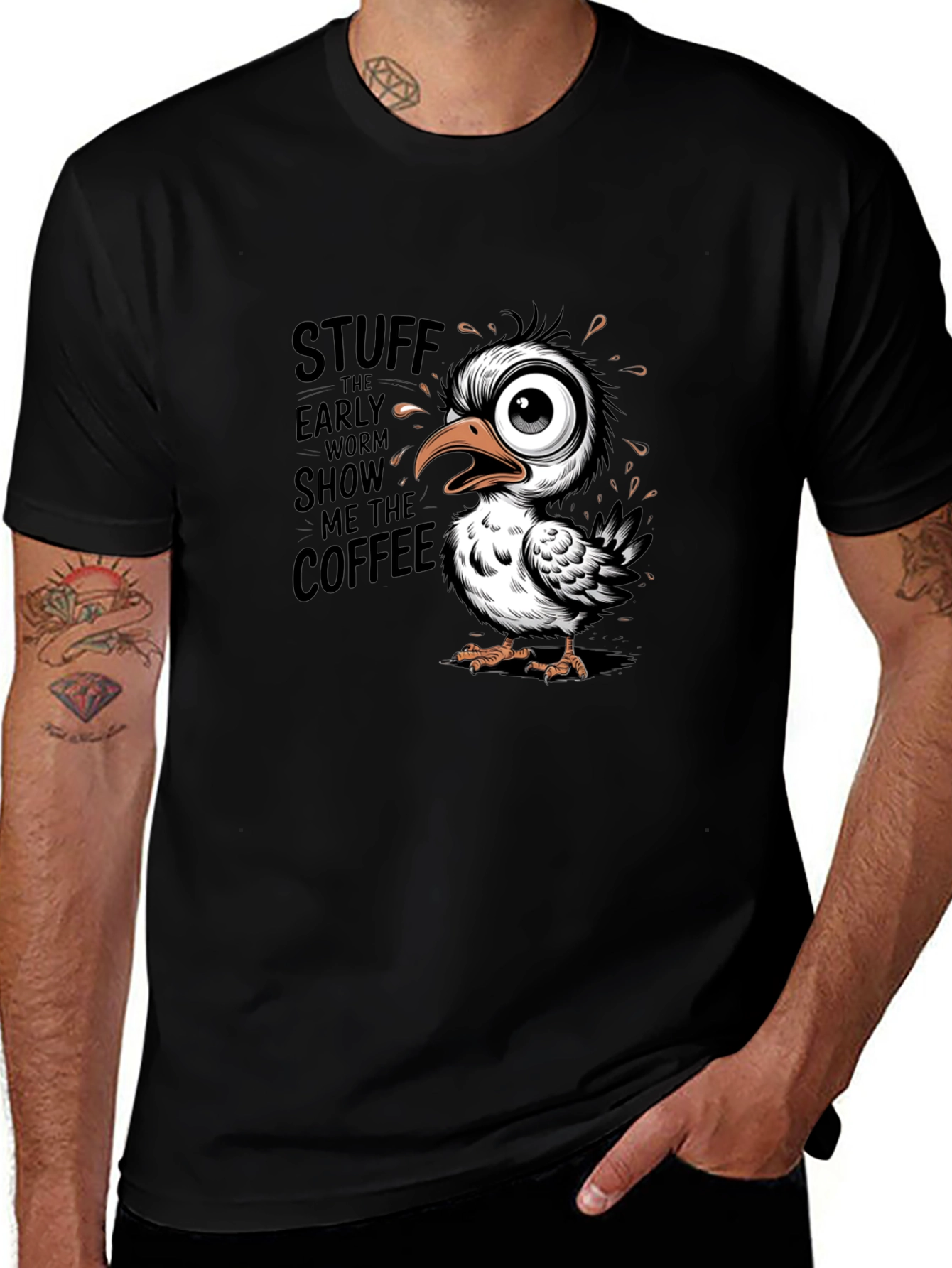 Funny Coffee Bird Graphic Black T-Shirt