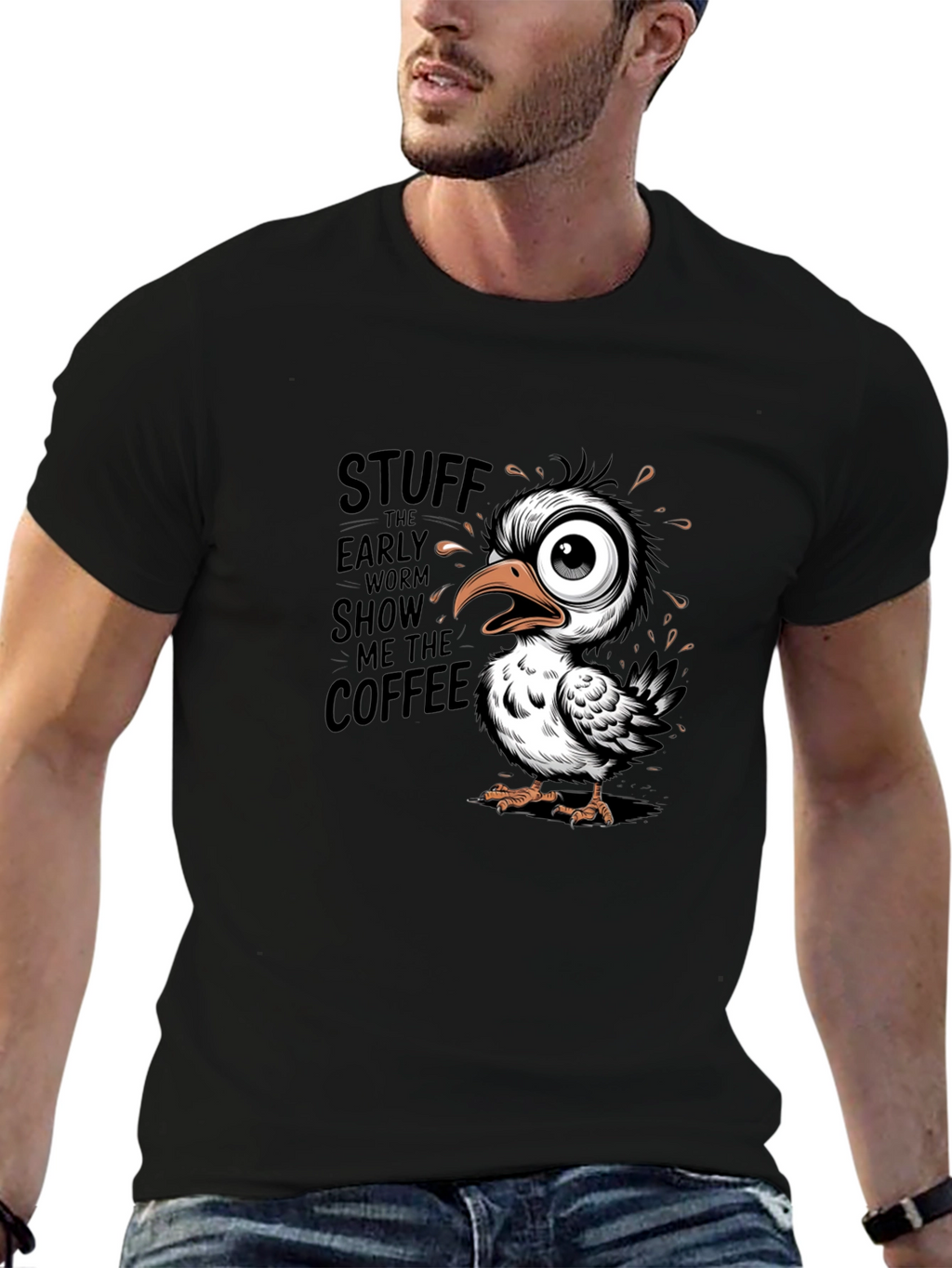 Funny Coffee Bird Graphic Black T-Shirt