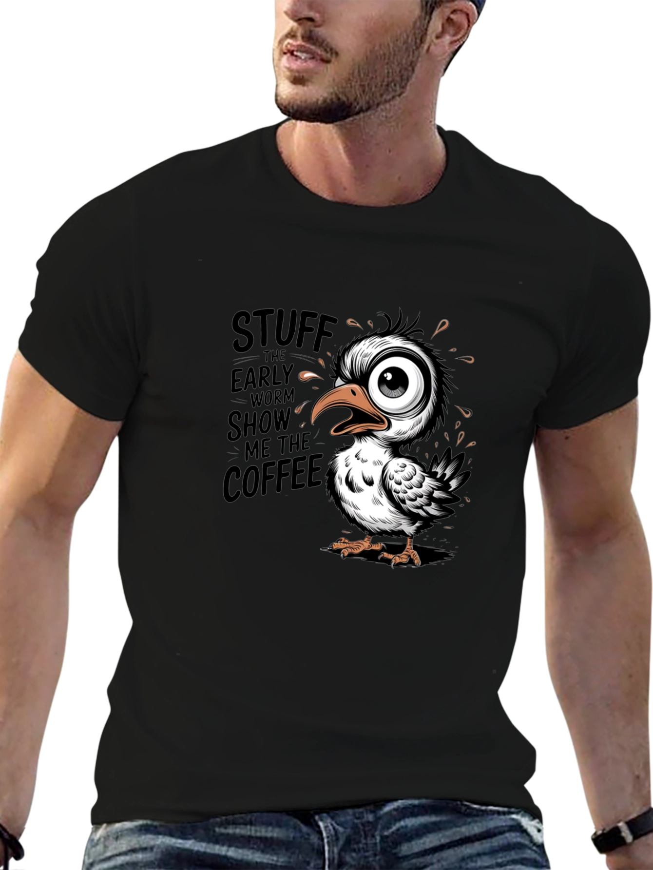 Funny Coffee Bird Graphic Black T-Shirt