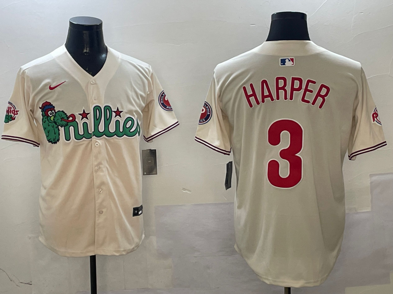 Men's Philadelphia Phillies Bryce Harper #3 Cream Replica Player Jerseys