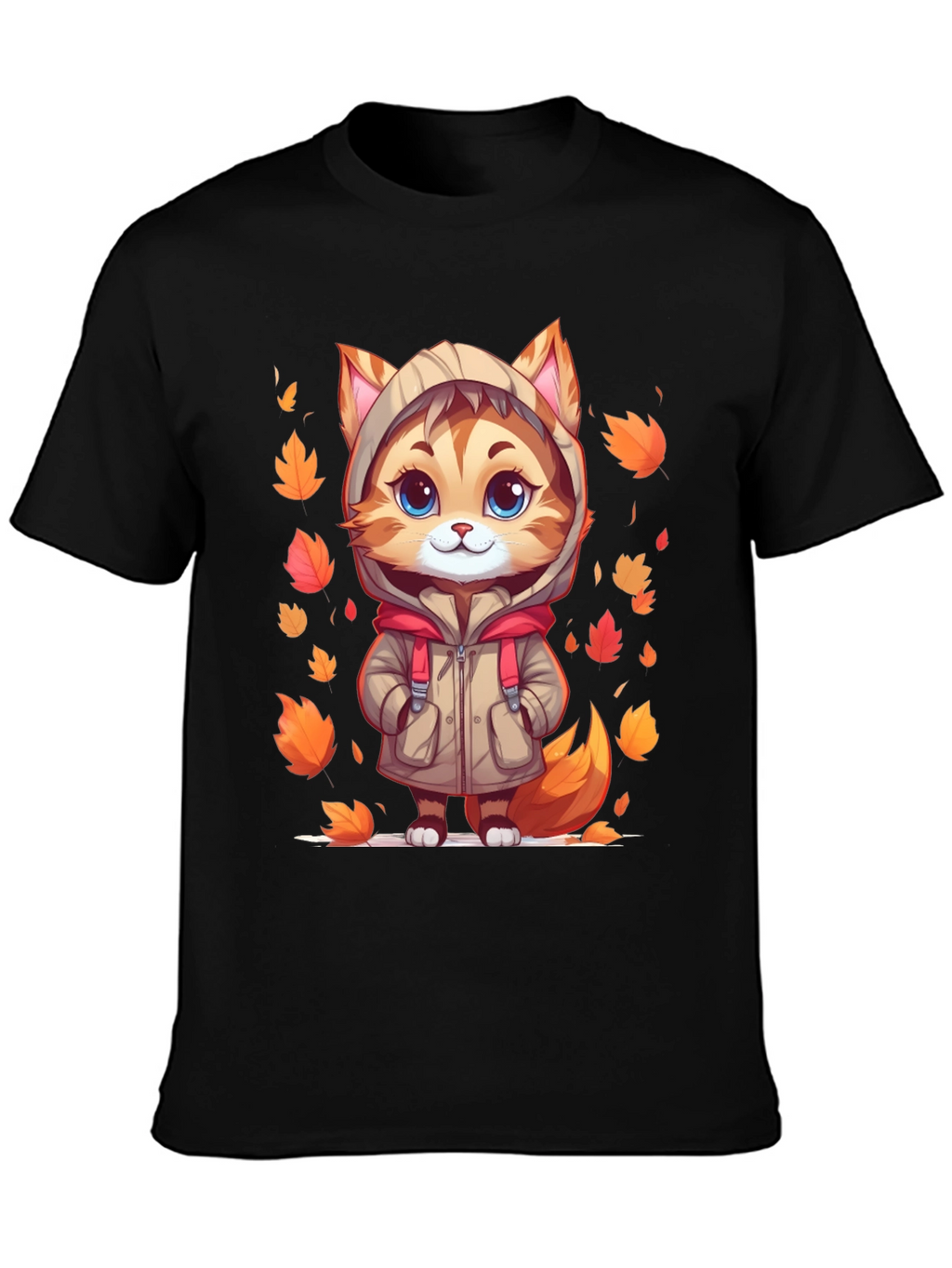 Cute Cartoon Cat Fall Leaves T-Shirt