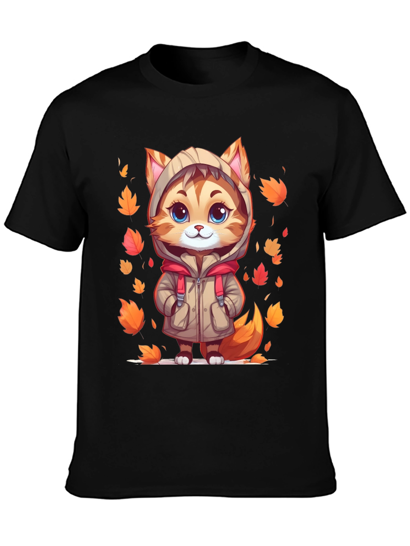Cute Cartoon Cat Fall Leaves T-Shirt