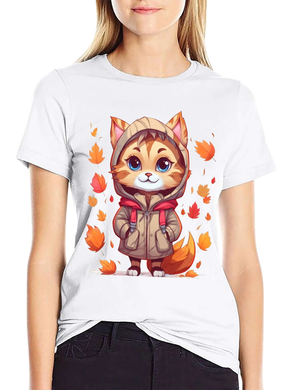 Cute Cartoon Cat Fall Leaves T-Shirt