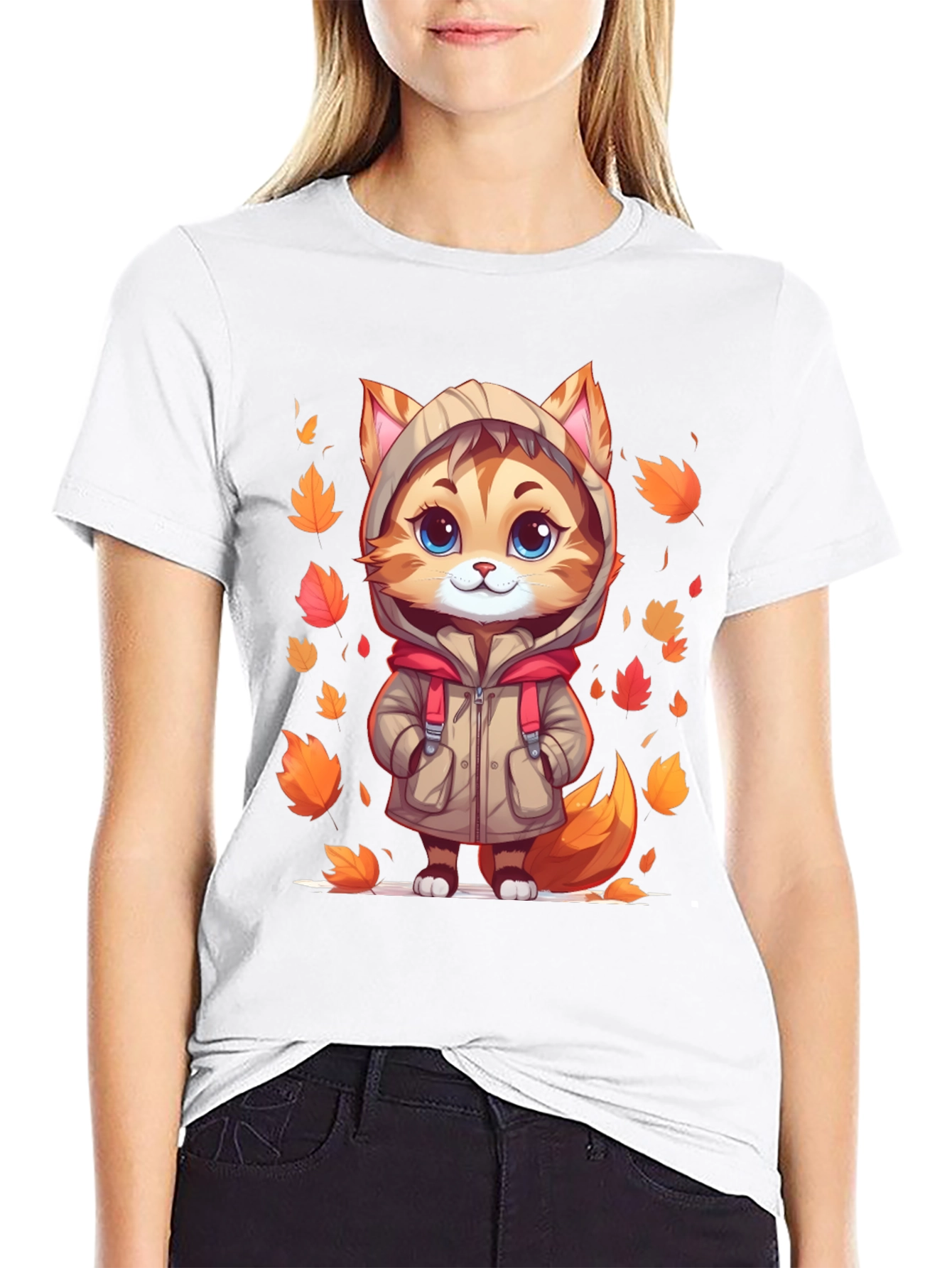 Cute Cartoon Cat Fall Leaves T-Shirt