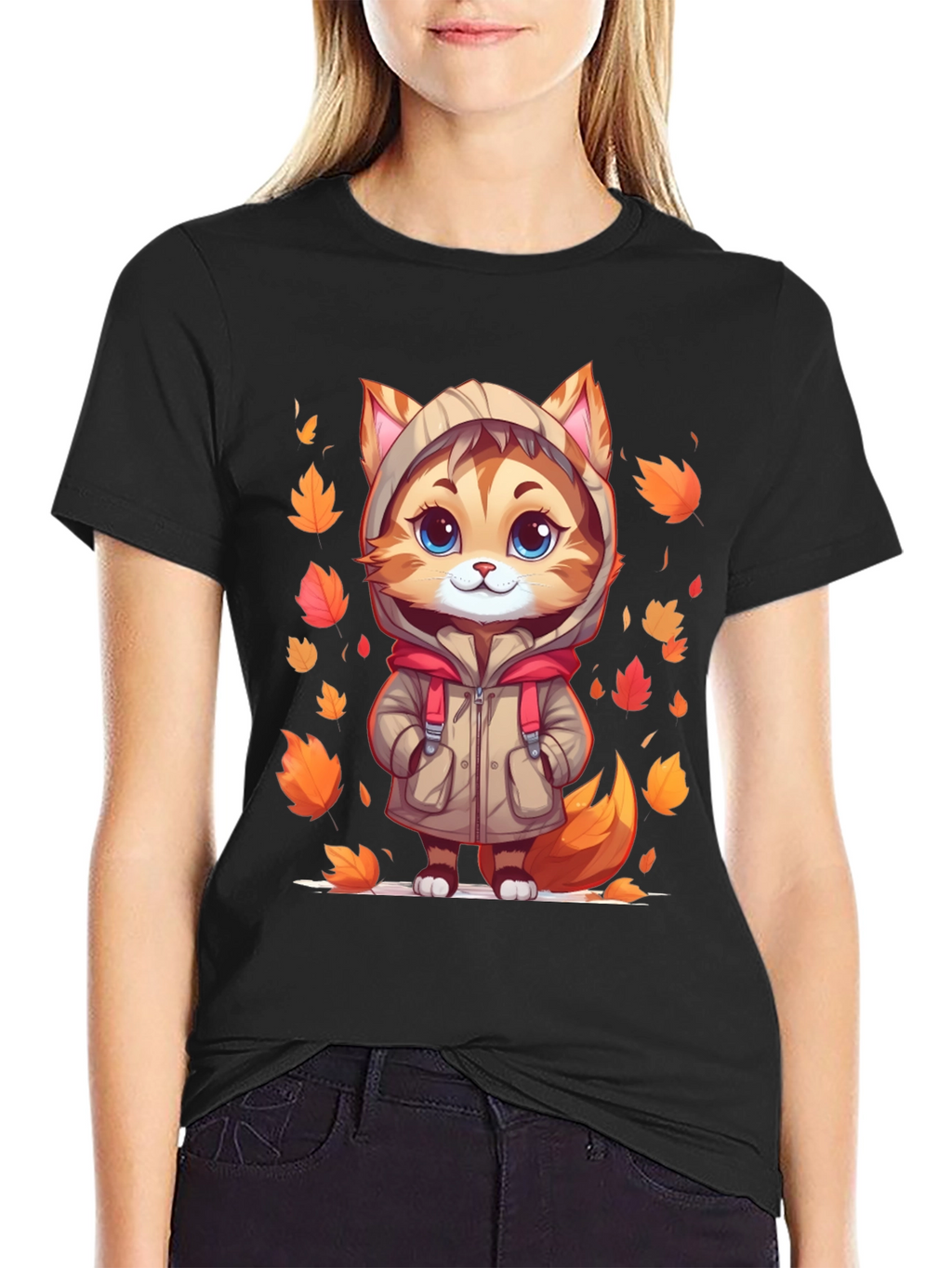 Cute Cartoon Cat Fall Leaves T-Shirt