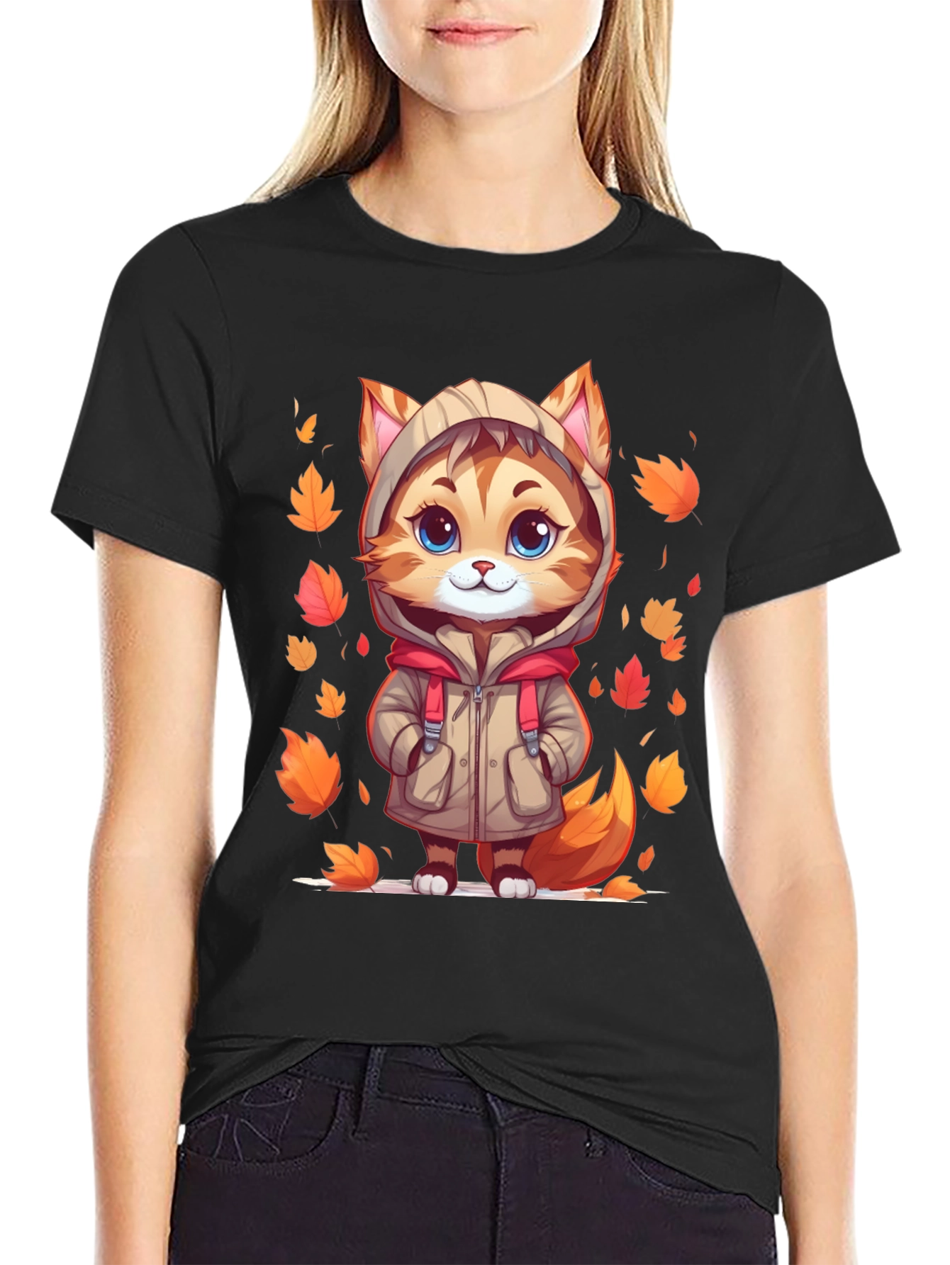 Cute Cartoon Cat Fall Leaves T-Shirt