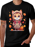 Cute Cartoon Cat Fall Leaves T-Shirt