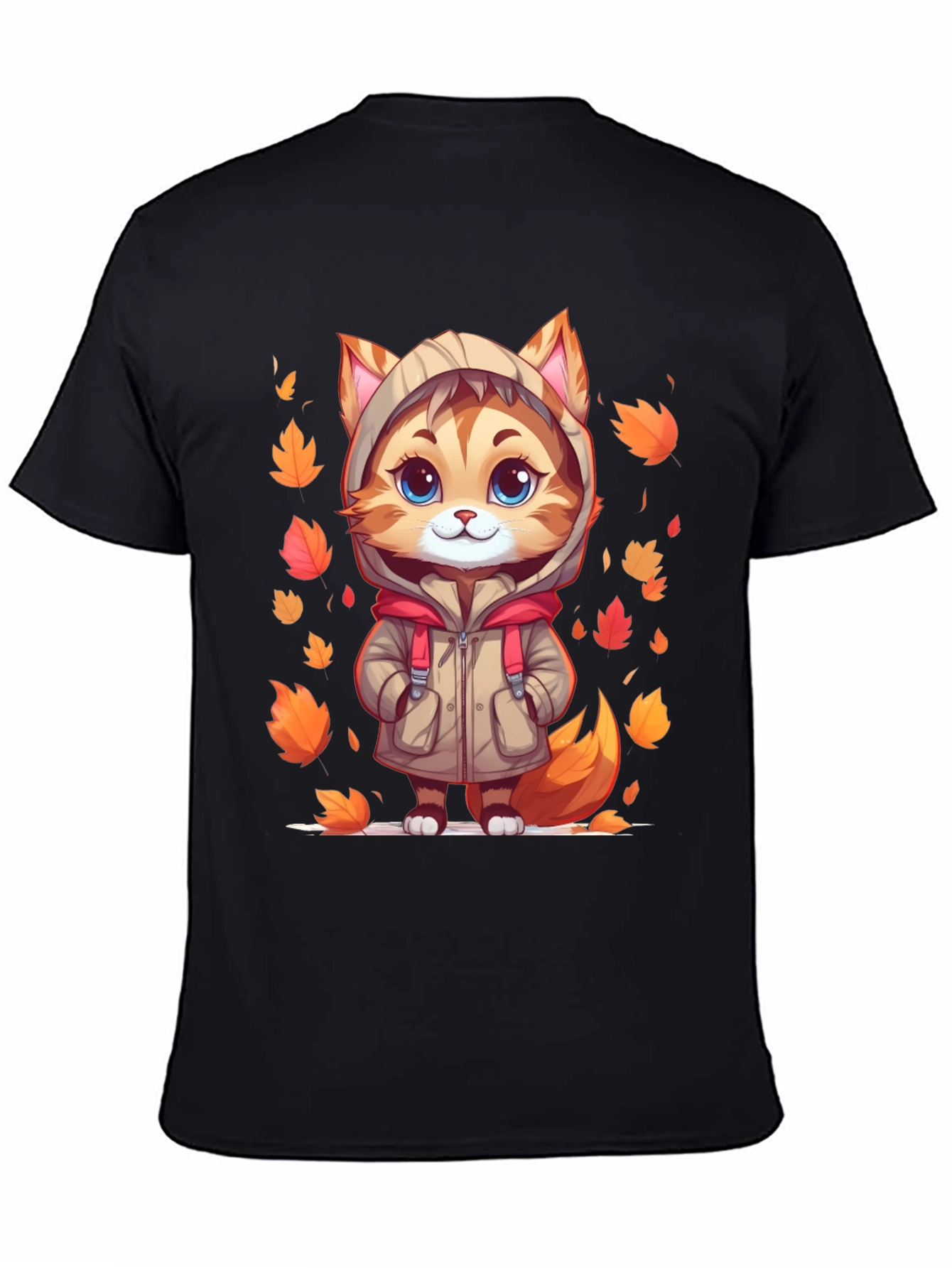 Cute Cartoon Cat Fall Leaves T-Shirt