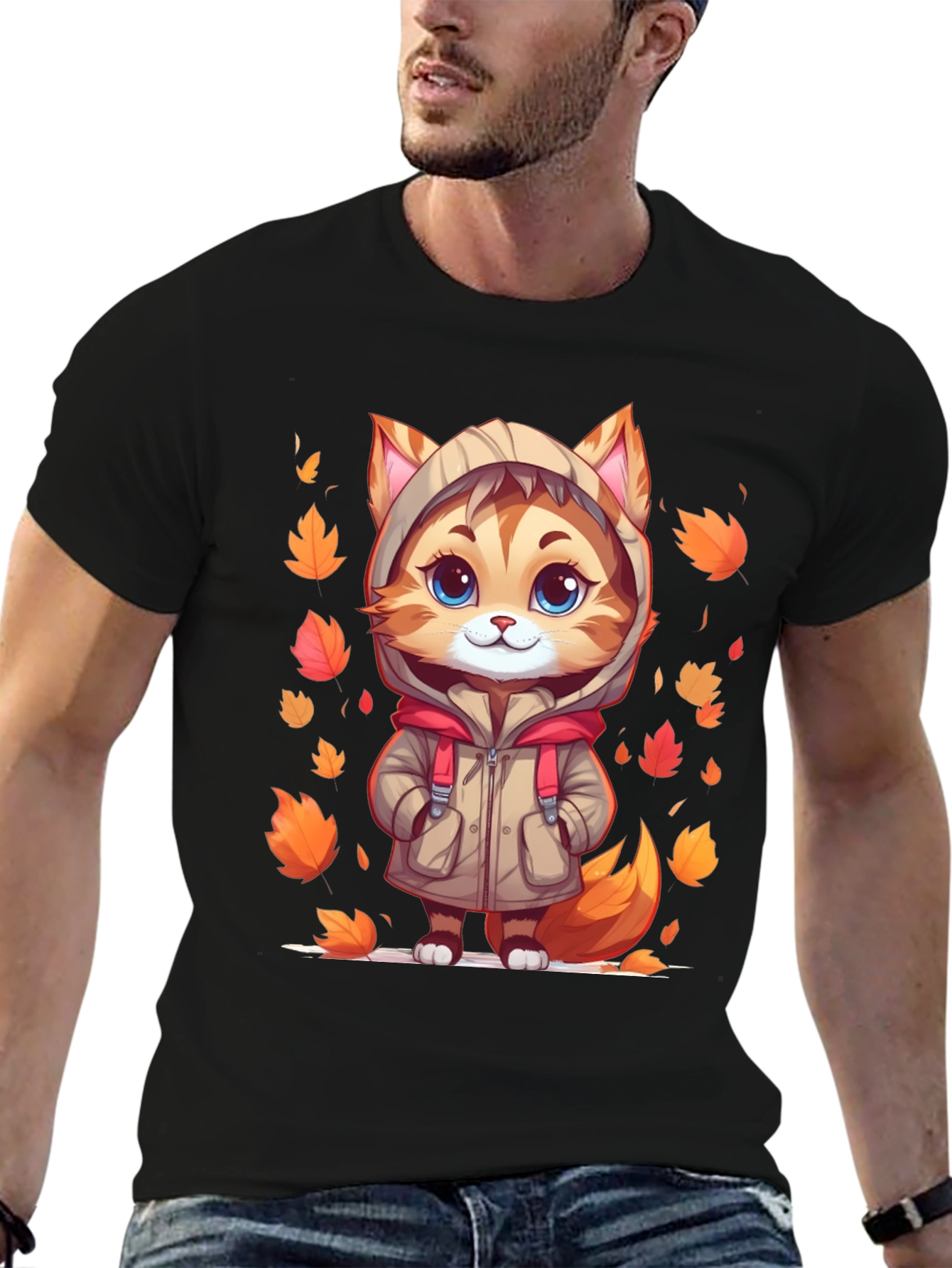 Cute Cartoon Cat Fall Leaves T-Shirt