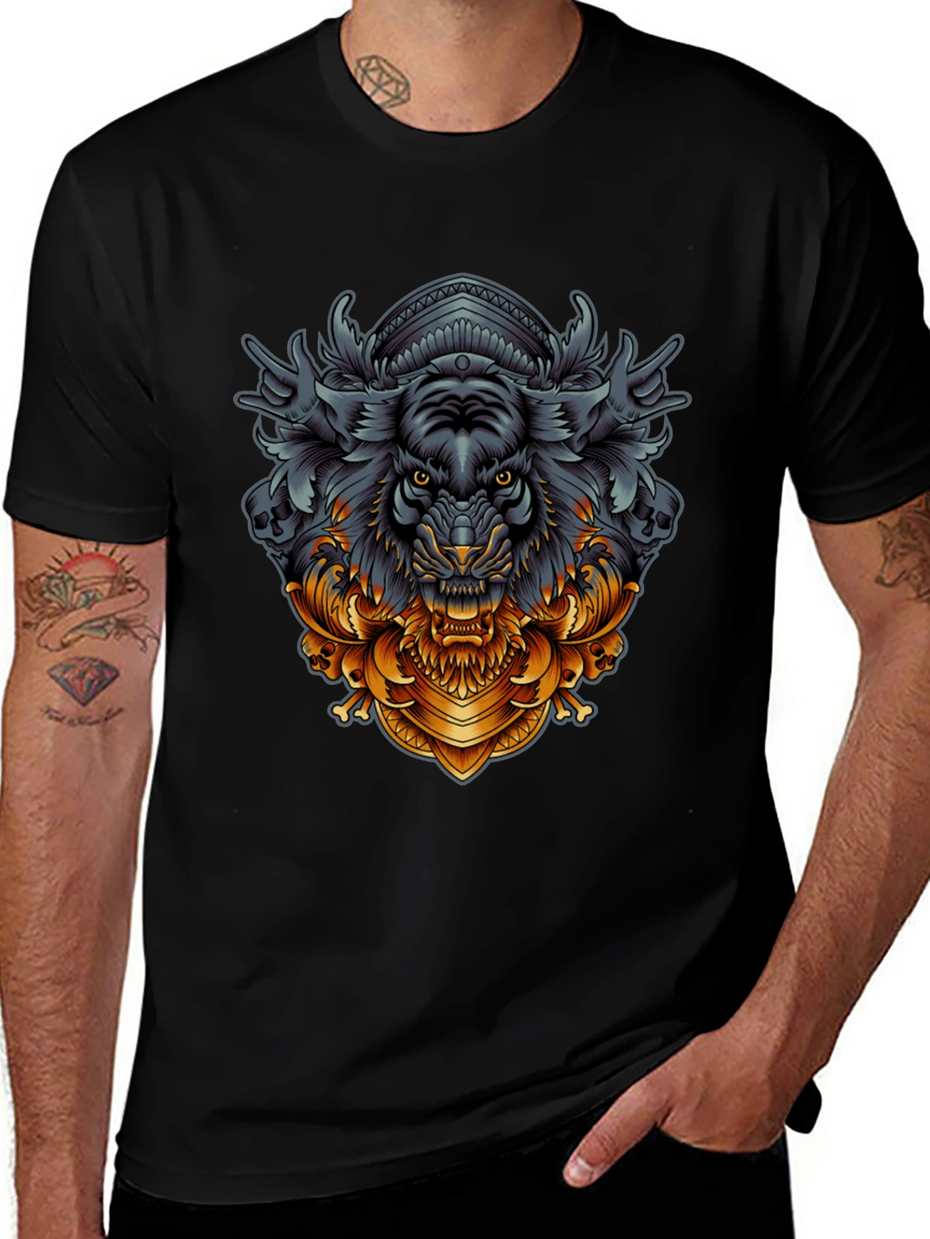 Tiger Ornamental Graphic Black T-Shirt