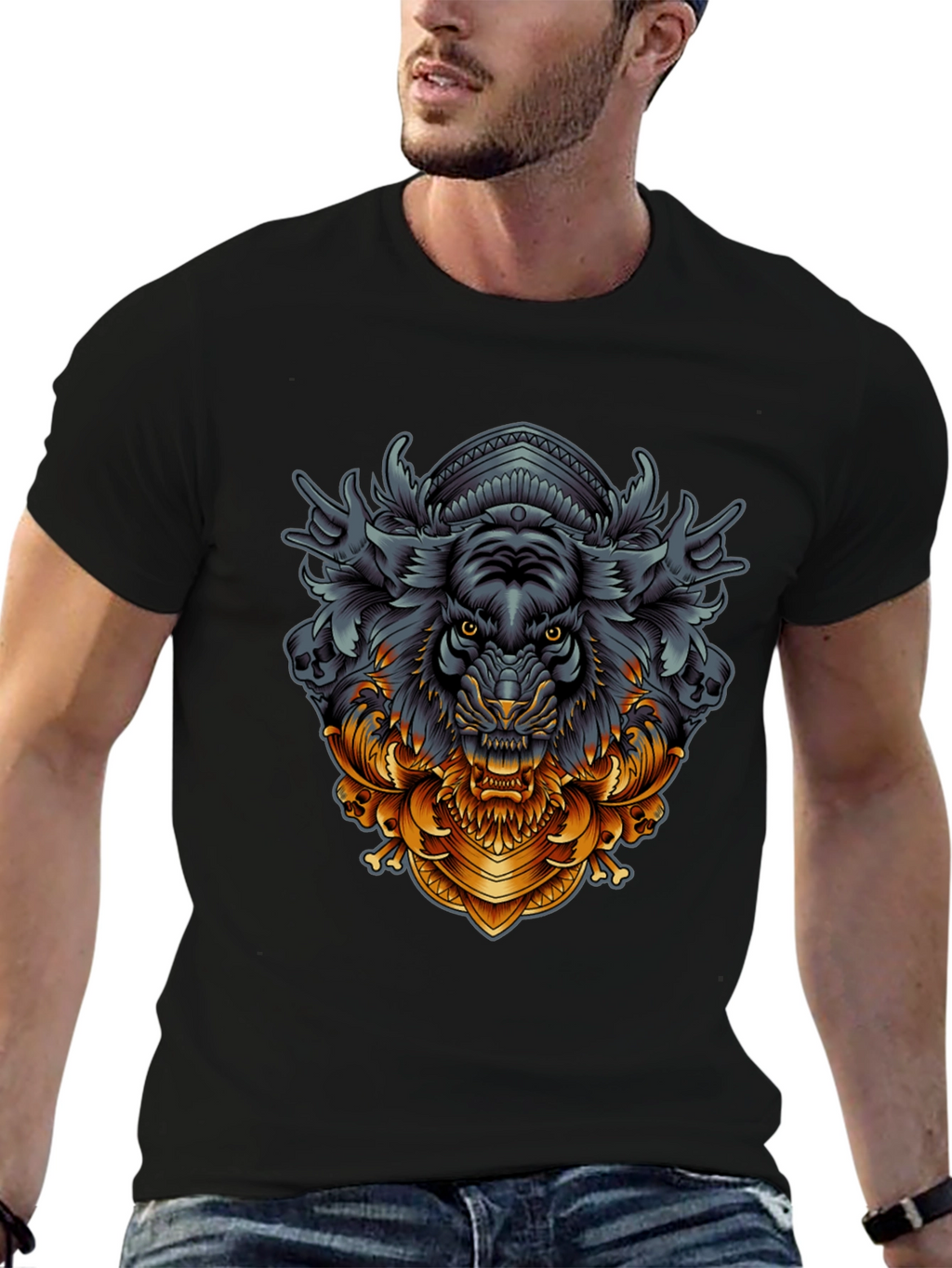 Tiger Ornamental Graphic Black T-Shirt