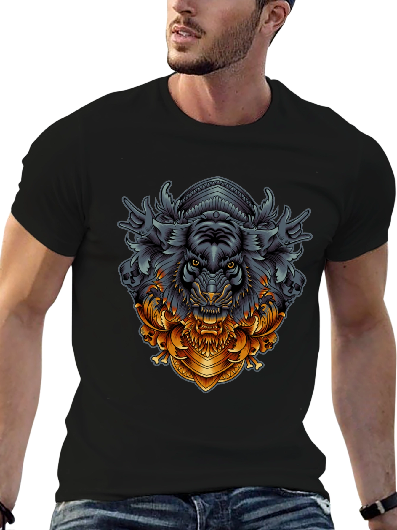 Tiger Ornamental Graphic Black T-Shirt