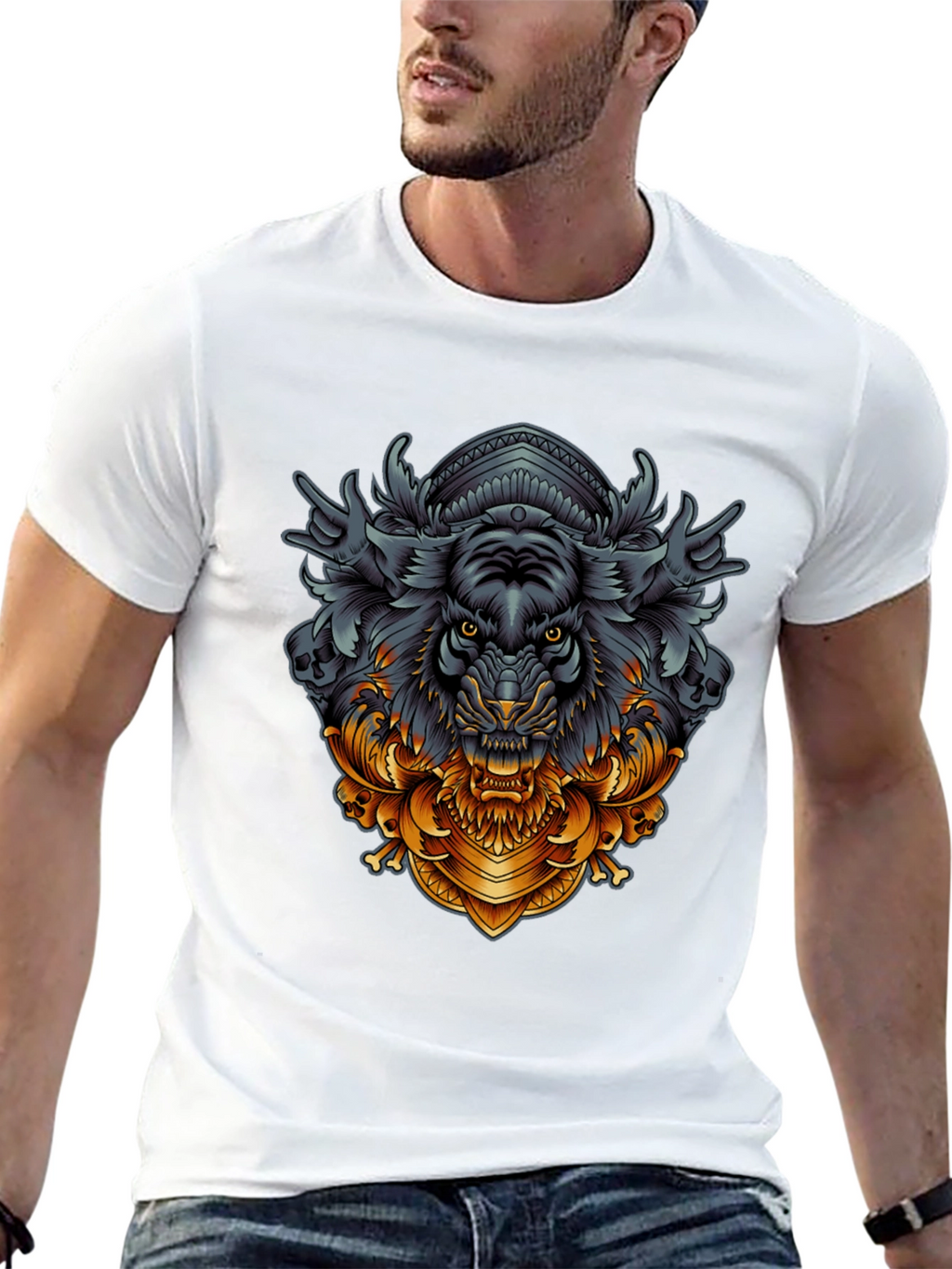 Tiger Ornamental Graphic Black T-Shirt