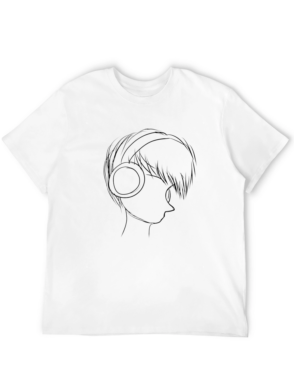 Line Art Anime Headphones Black T-Shirt