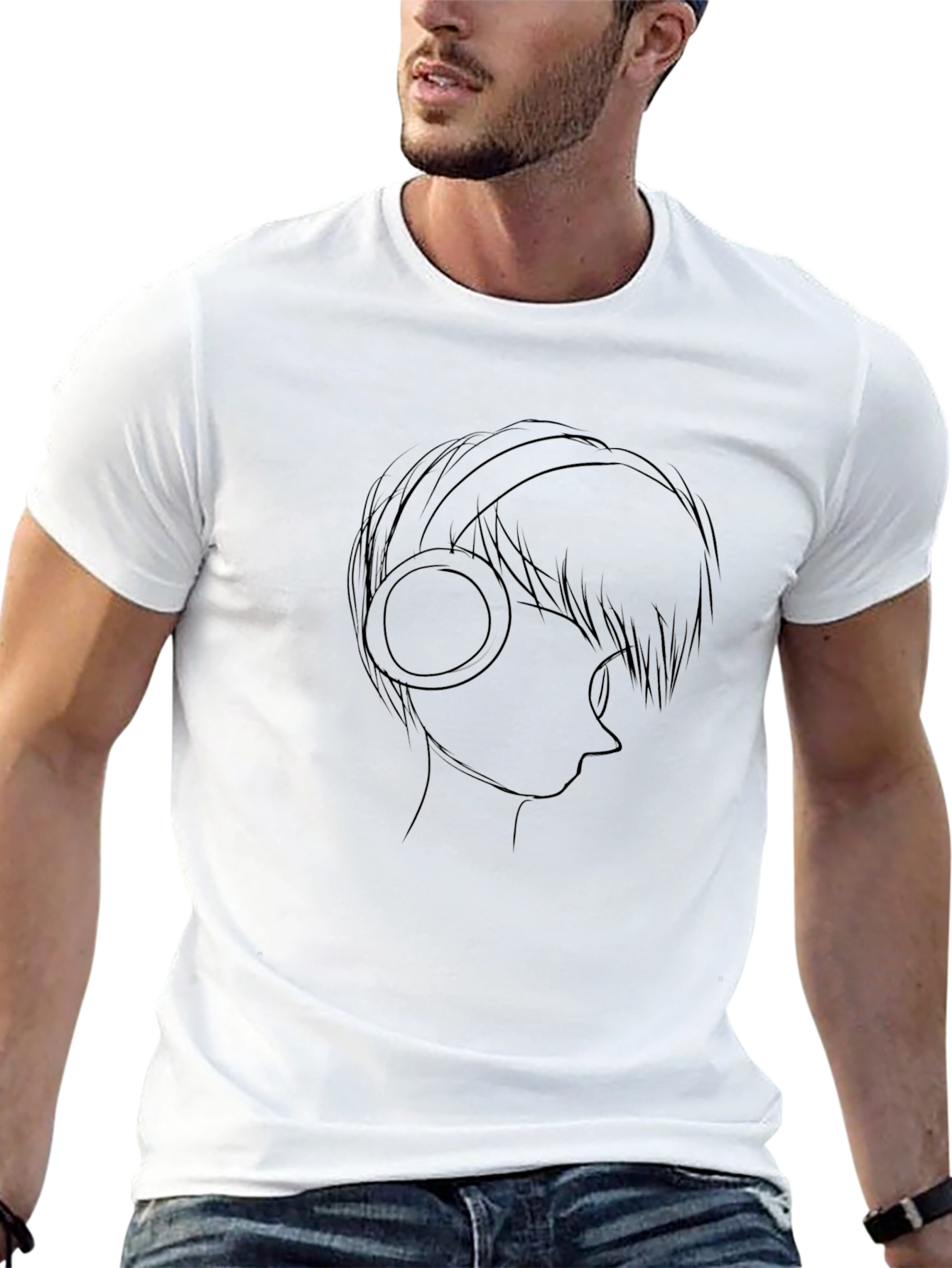 Line Art Anime Headphones Black T-Shirt