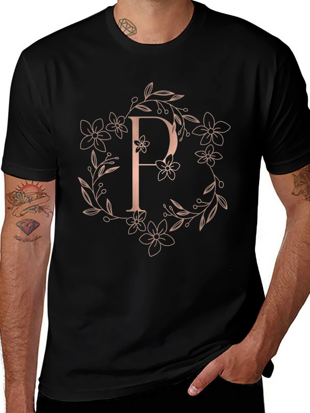 Elegant Floral P Letter Black T-Shirt
