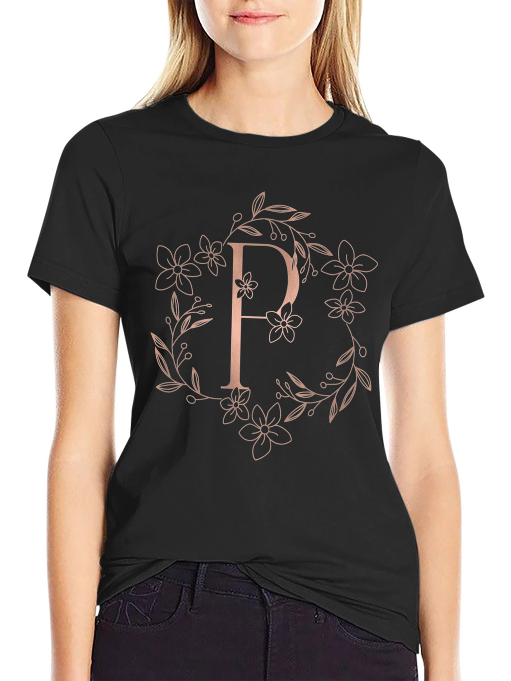 Elegant Floral P Letter Black T-Shirt
