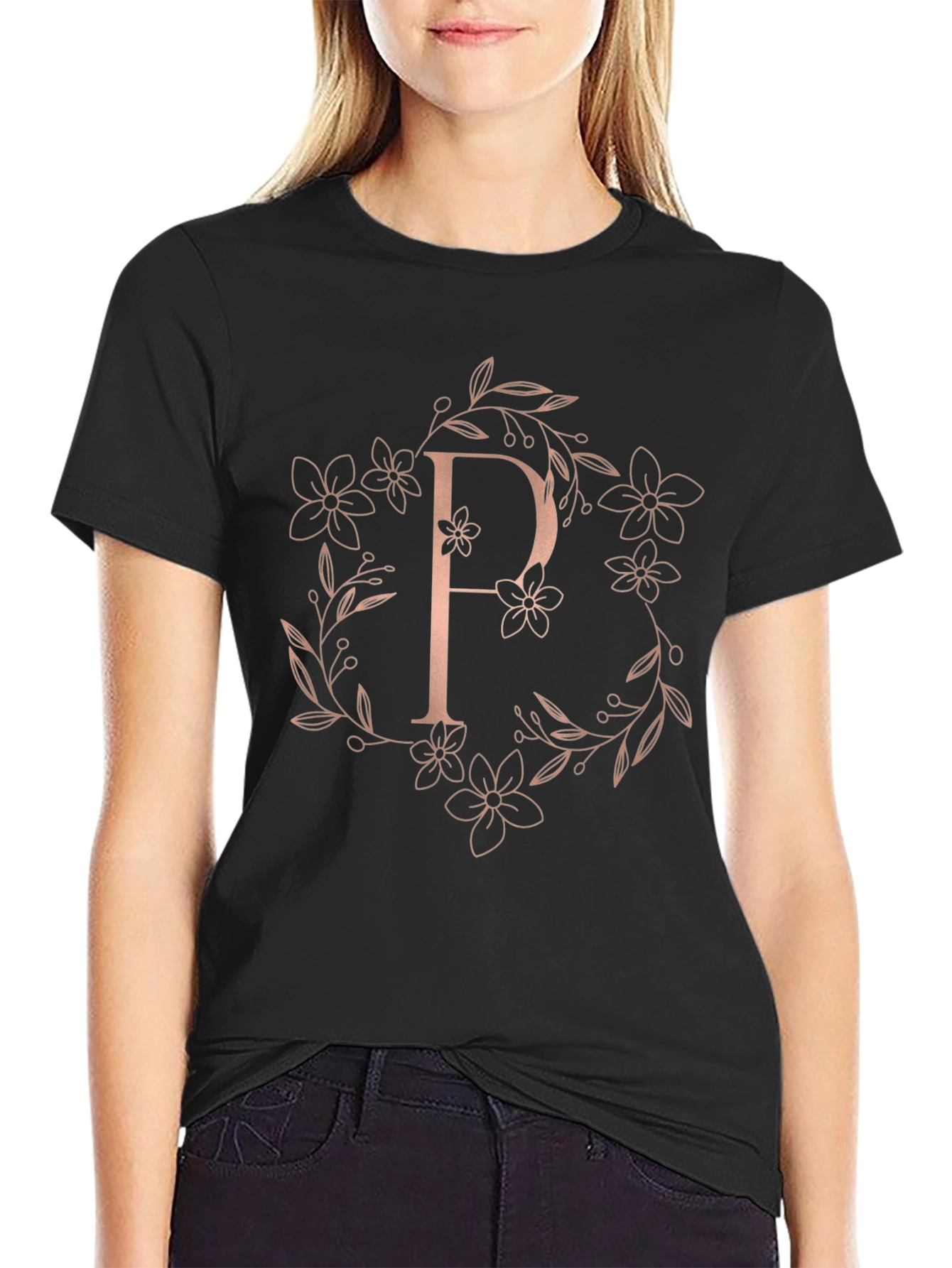 Elegant Floral P Letter Black T-Shirt