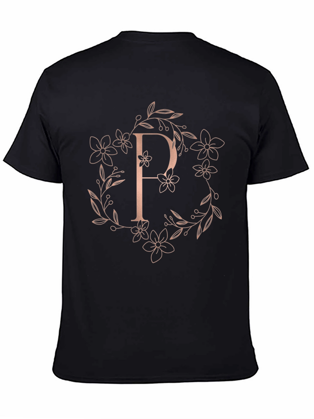 Elegant Floral P Letter Black T-Shirt