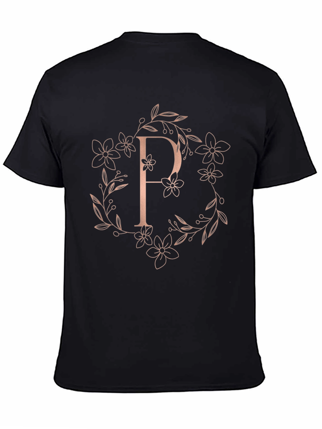 Elegant Floral P Letter Black T-Shirt